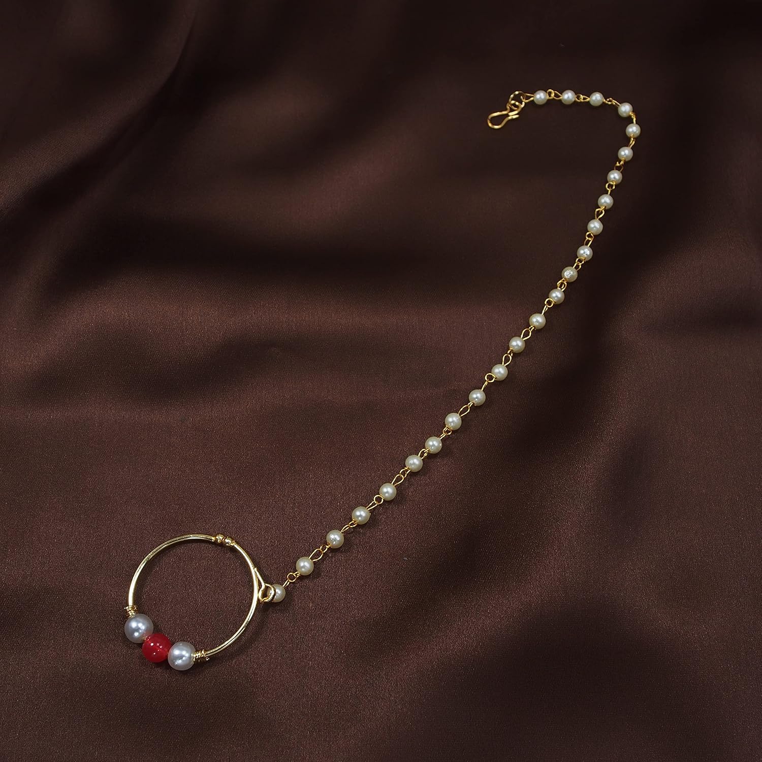 I Jewels 18k Gold Plated Indian Wedding Bollywoo Ethnic Bridal Nose Ring/Nath without piercing with Pearl Chain Encased with Pearl Stone for Women/s (NL43)