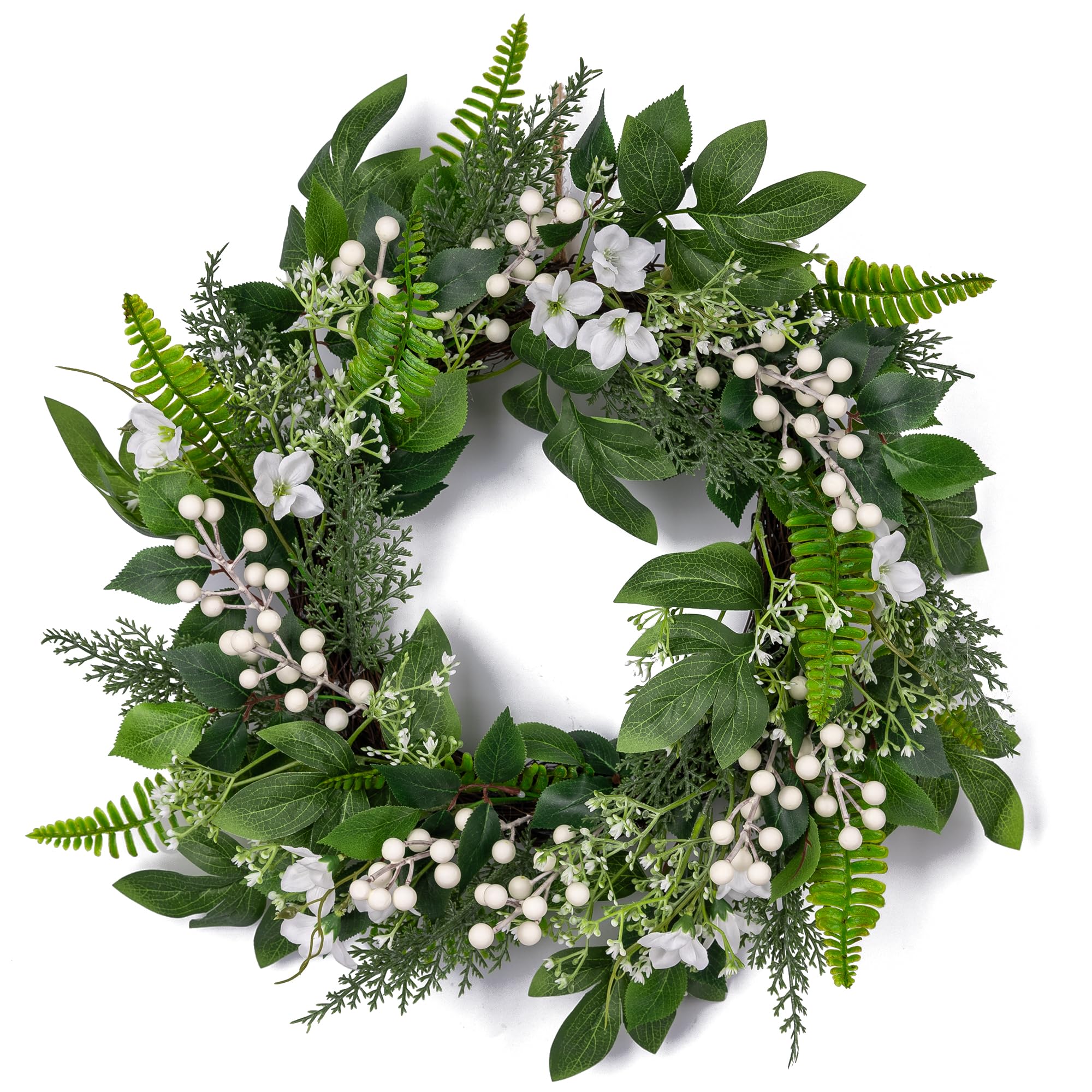 20 inch Spring Wreaths for Front Door with White Berries,Handmade Green Leaves Wreath for All Seasons, Greenery Floral Wreath for Wall Window Wedding Decor Home Porch Farmhouse Patio Garden Decor
