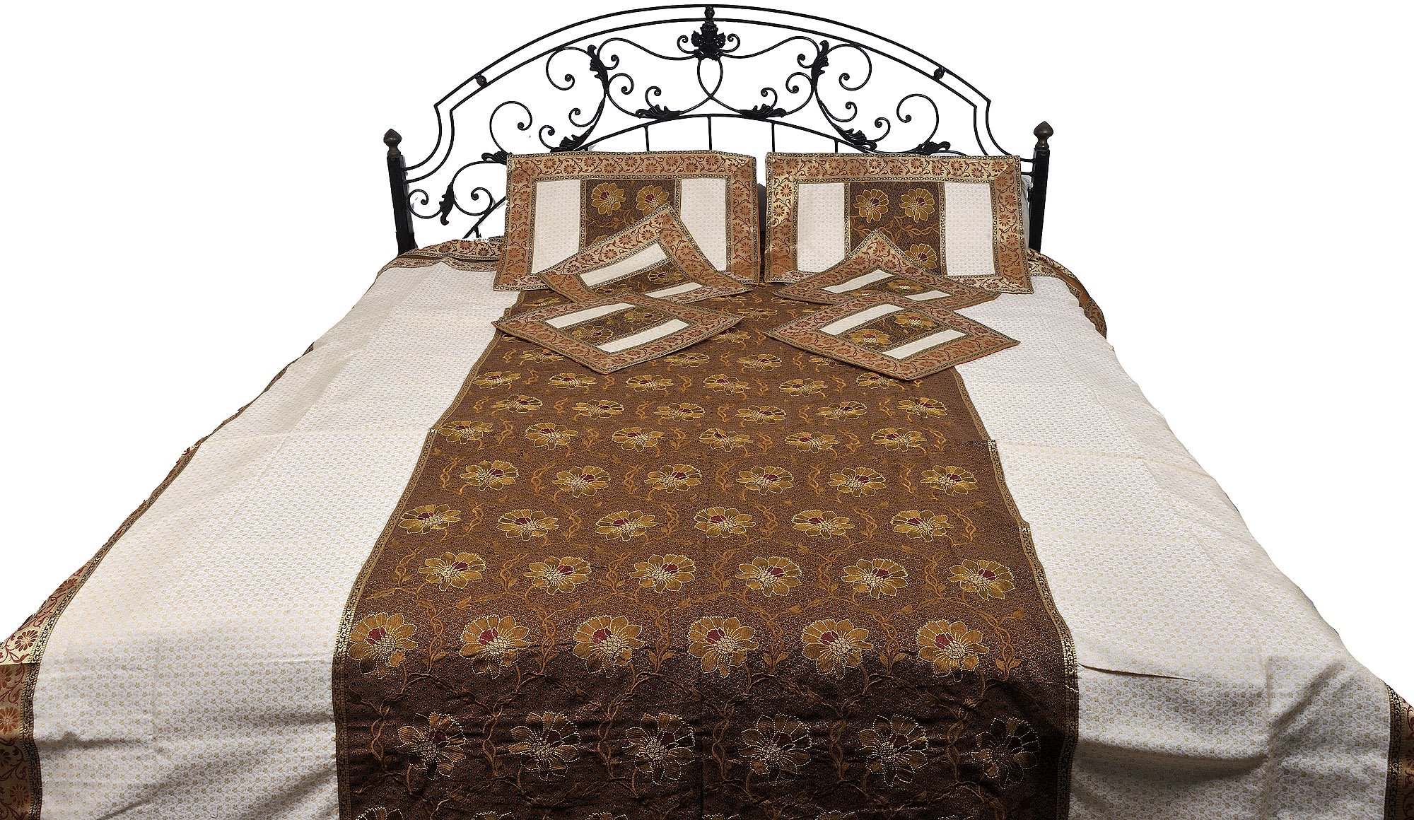 Exotic India Seven-Piece Banarasi Bedspread with Embroidered Flowers and Brocade Border - Art Silk w-image-47
