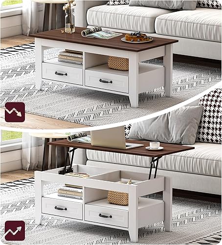 Miniatura 4 de DMIDYLL Mesa auxiliar con 2 cajones de almacenamiento y estante de almacenamiento abierto, mesa de centro rústica con mesa de elevación de madera,