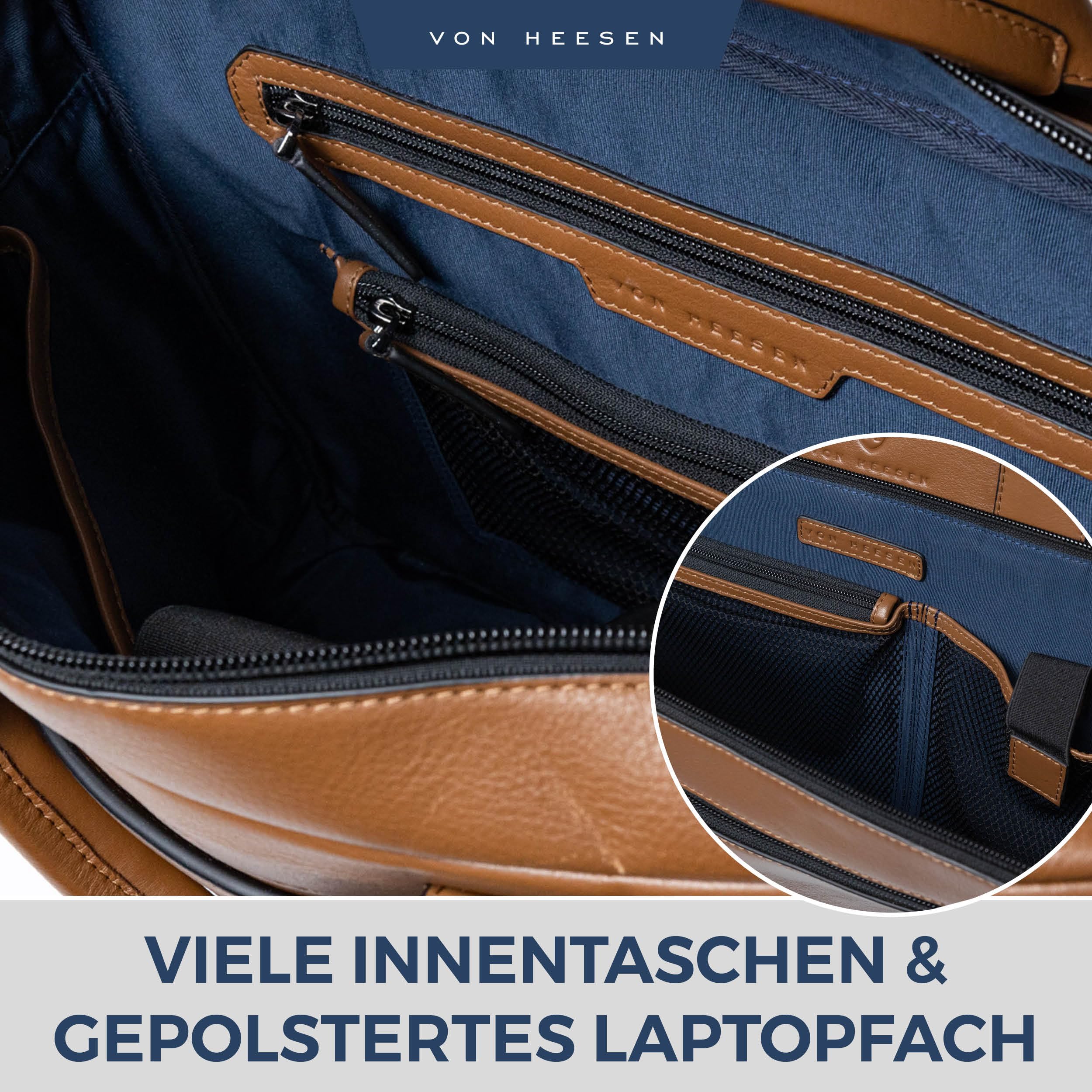 VON HEESEN Umhängetasche & Laptoptasche aus echtem Leder bis 16 Zoll - Aktentasche Herren & Damen - Luxuriöse Echtleder Arbeitstasche für Büro & Alltag