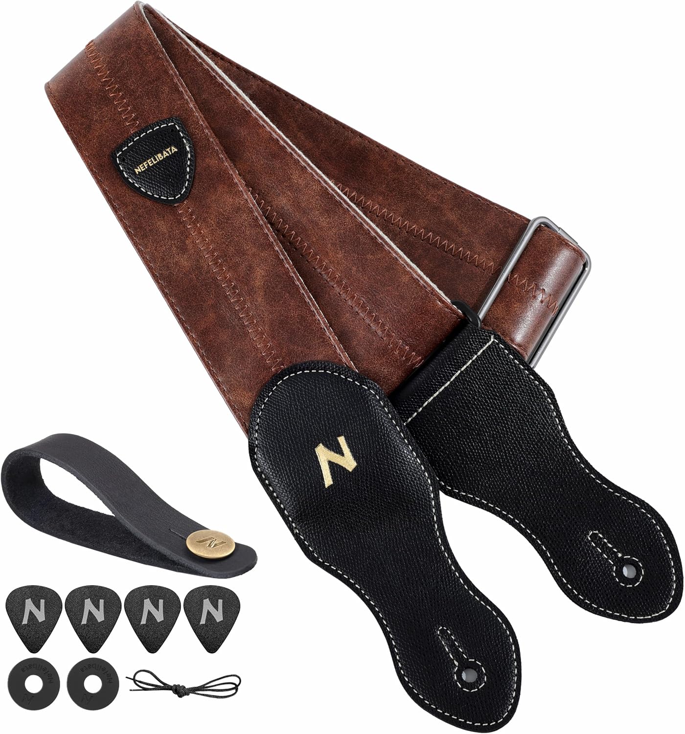 Nefelibata Guitar Strap with Pick Pocket, 2.3 inch Soft Vegan Leather Guitar Straps, 60s Vintage Style（Brown）