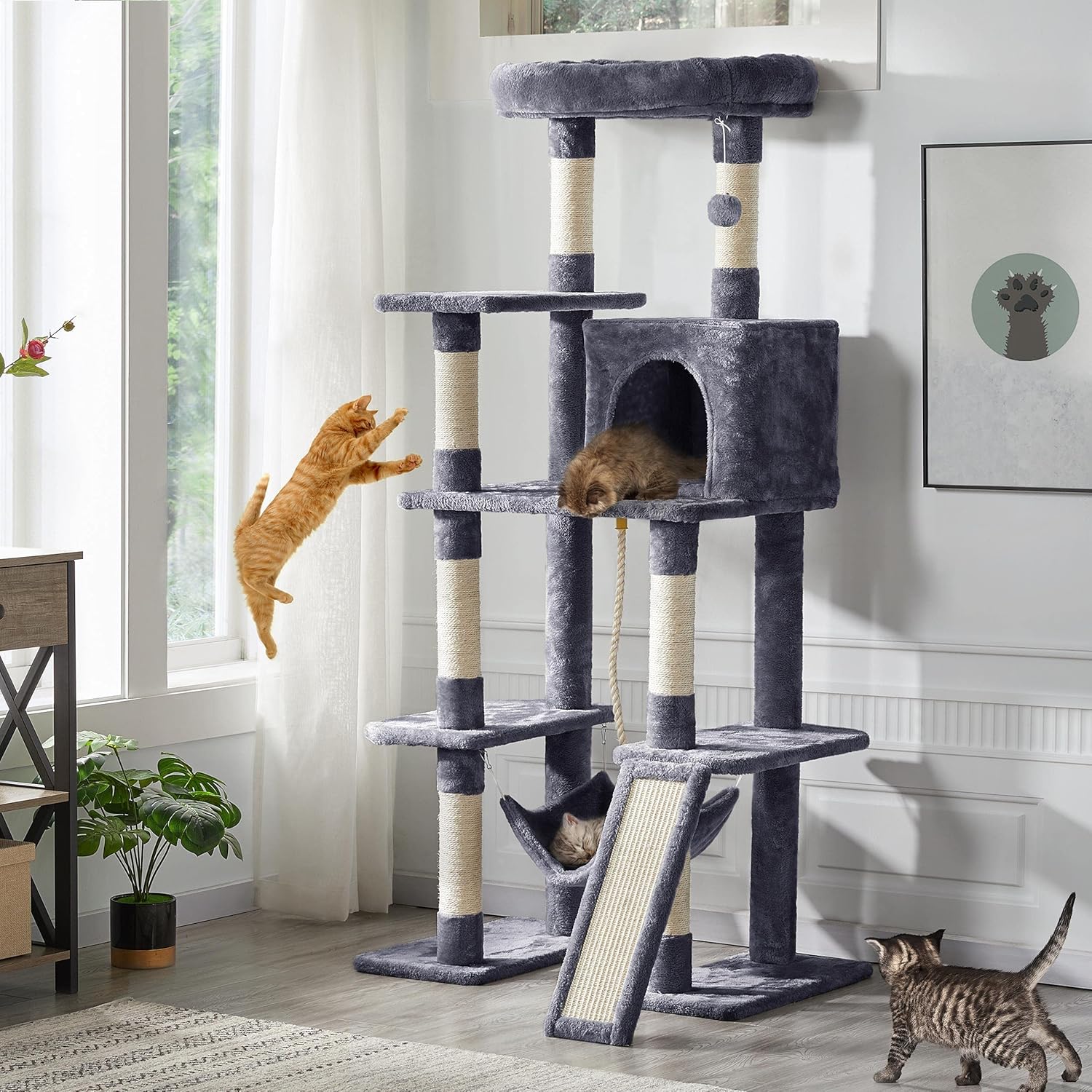 Topeakmart 63in Cat Tree, Large Cat Tower Furniture with Cat Condo, Padded Platform & Sisal-Covered Scratching Post, Stable Cat Tower Pet Play House