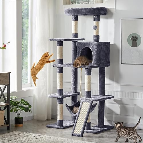 Miniatura 3 de Topeakmart Árbol para gatos de 63 pulgadas, mueble grande de torre para gatos con condominio para gatos, plataforma acolchada y poste rascador