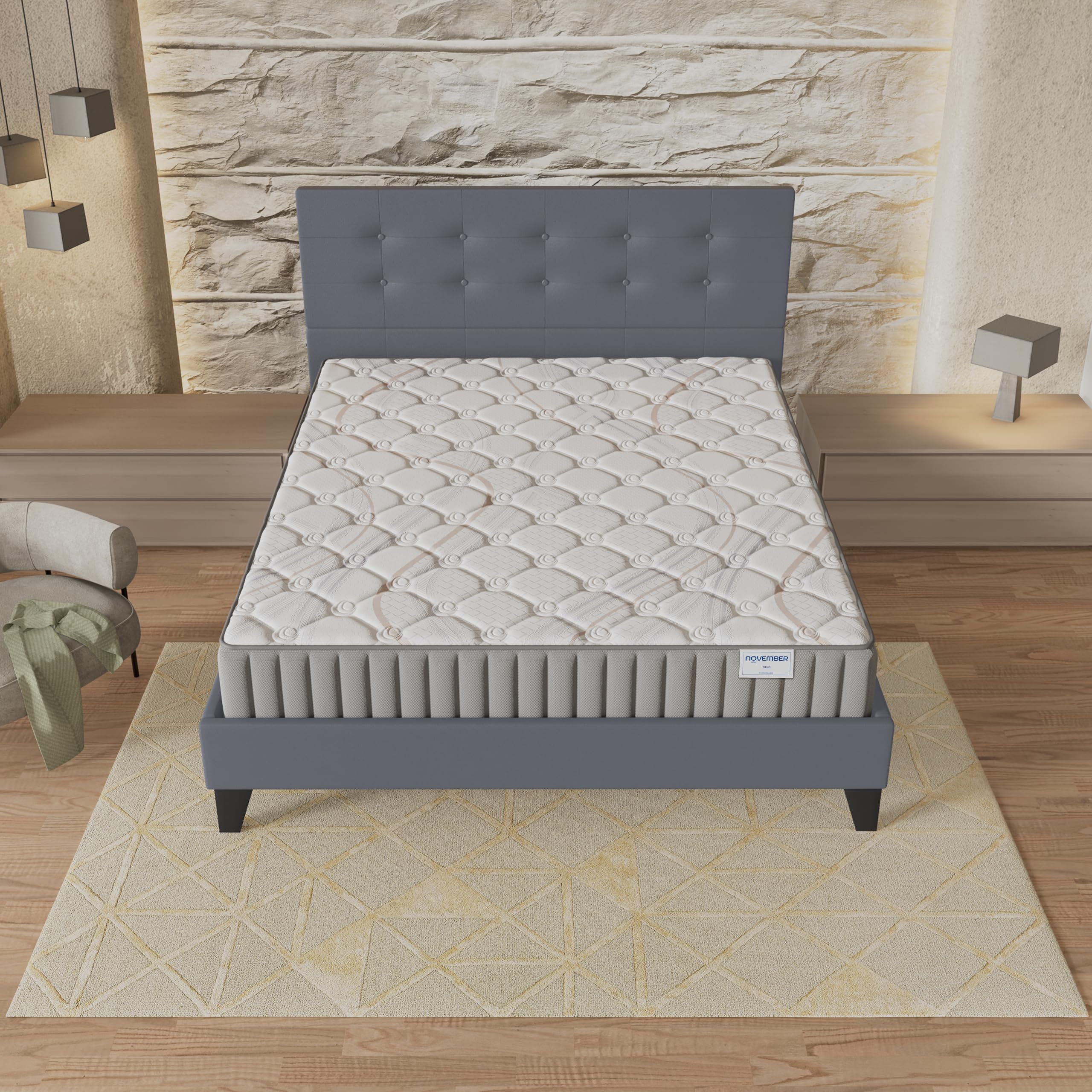 NOVEMBER- Ensemble Matelas + Sommier & tête de lit capitonnée (140 x 200cm) - Matelas Sirius Latex Naturel d’épaisseur 16cm + Lit Stable & Robuste, revêtement synthétique Gris