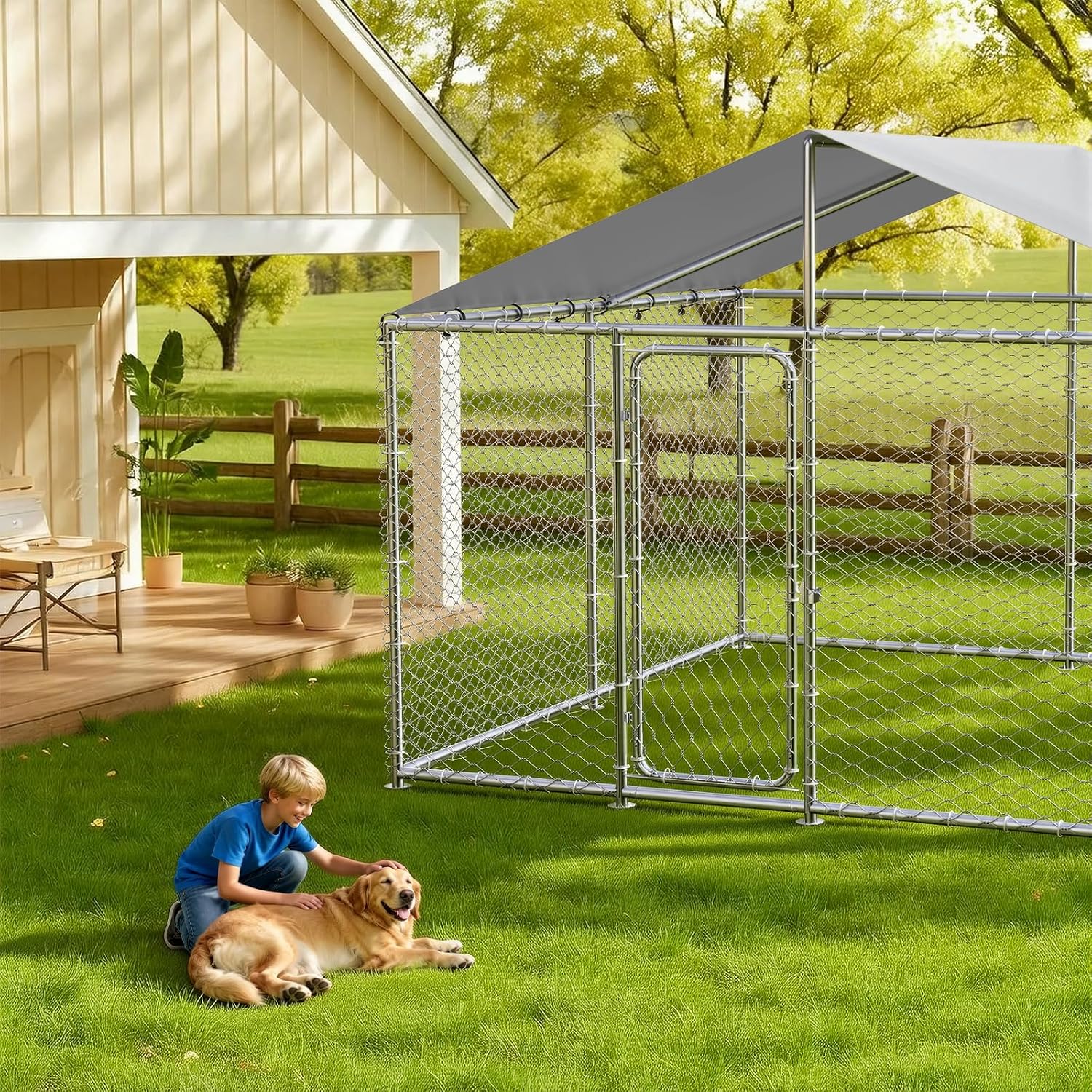 10x10 FT Heavy Duty Outdoor Dog Kennel for Large Dogs, Large Metal Wire Mesh Enclosure with Secure Lock & Waterproof Roof Cover