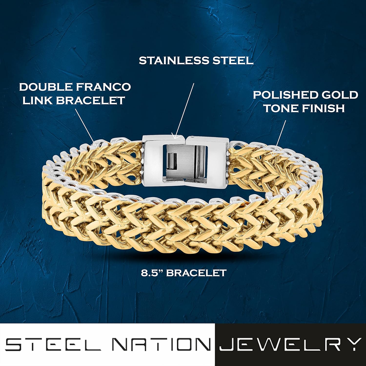 Men's Stainless Steel Polished Two Tone Silver and Gold Finish Men's Double Franco Link Bracelet - 8-1/2" - Image 3