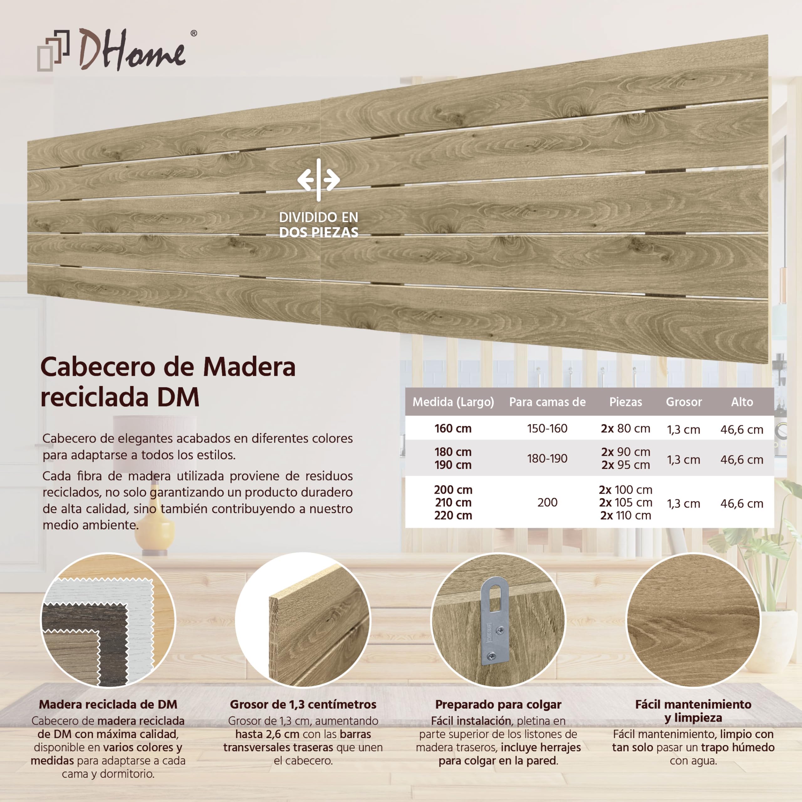 DHOME Tête de lit en Bois recyclé MDF Lit Horizontal en Palettetes Ferrures incluses (210cm Double, Bois Cambrien)