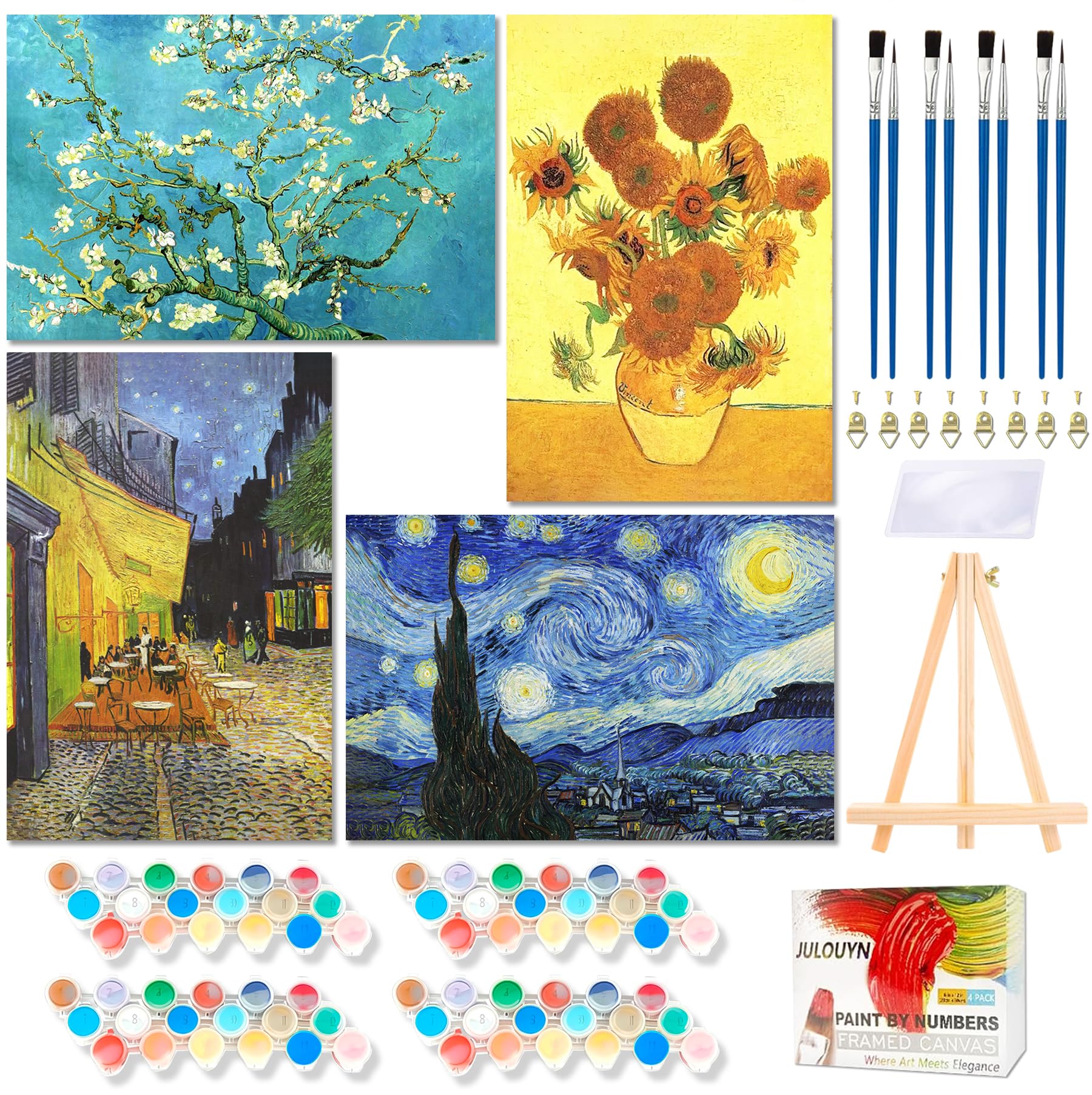 Fokenzary - Kit de pintura por números para adultos, manualidades, lienzo de «Café nocturno estrellado» con girasoles y albaricoques de Van Gogh, con caballete y pintura acrílica, con marco (20x30