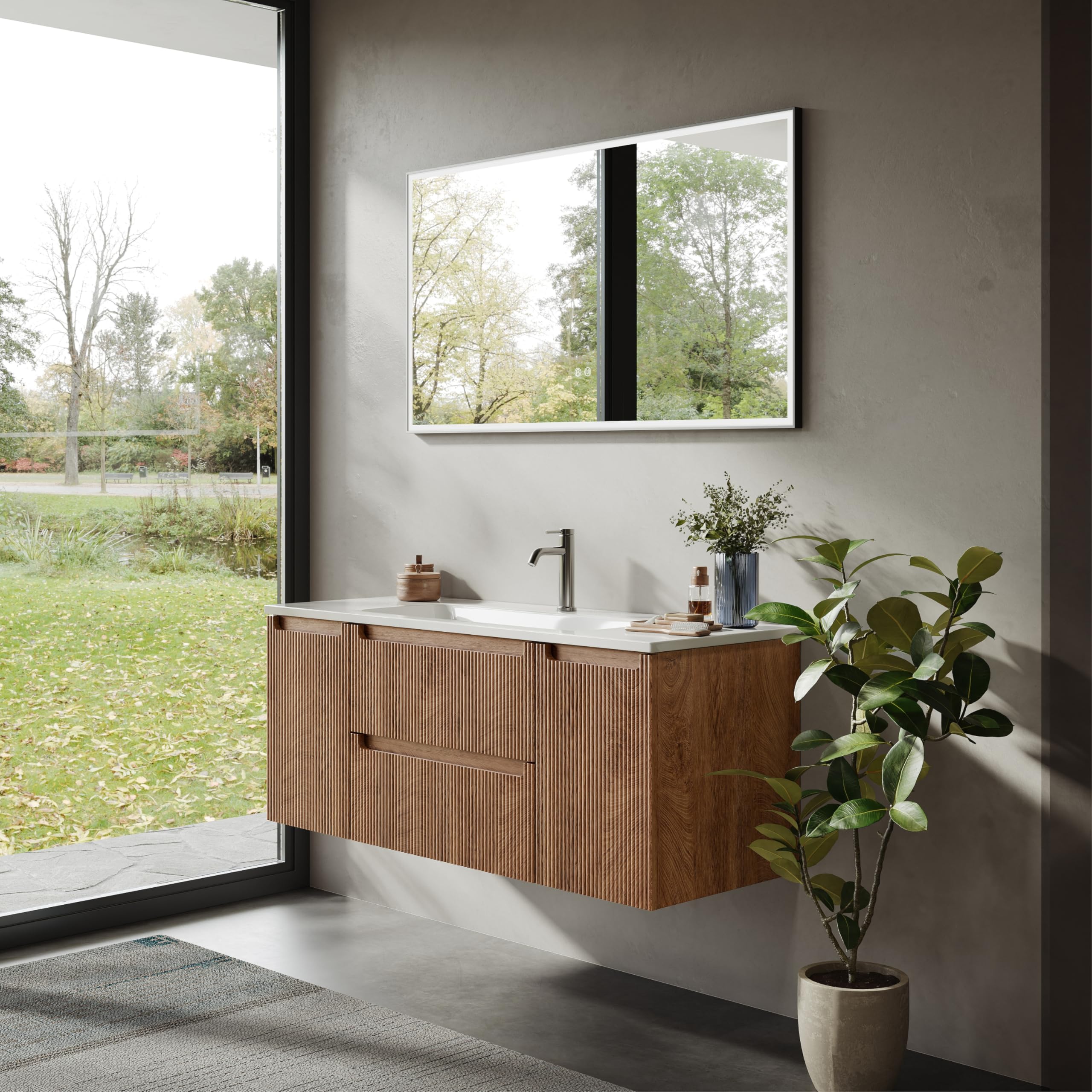 120 cm Wandwaschtisch Mit Mineralharzspüle, 2 Schubladen Und Türen, Ultradünn, Soft-Close, Geriffelt, Forest Walnut