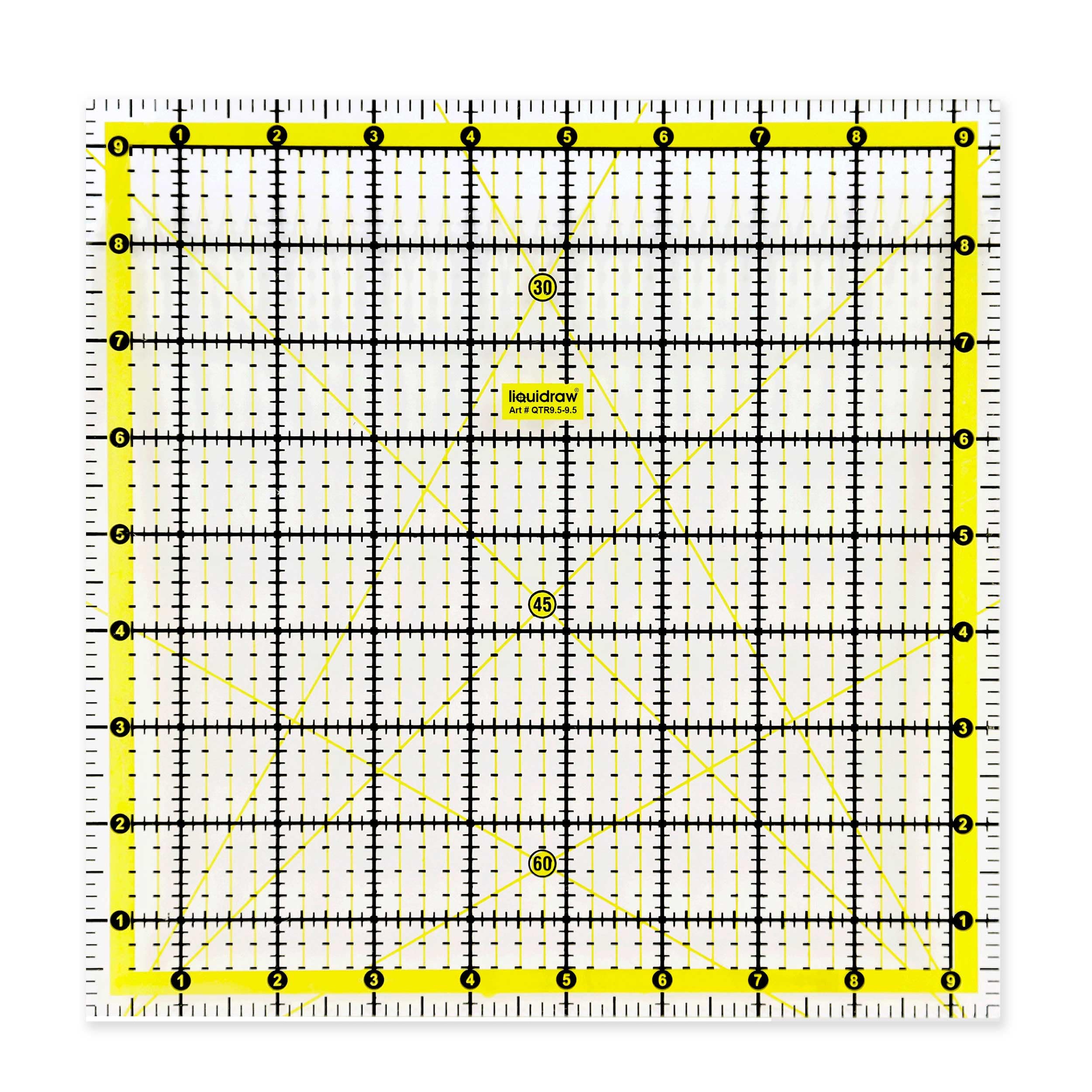Liquidraw Square Quilting Ruler - 9.5" x 9.5" | Acrylic Quilting Square Template | Sewing, Patchwork & Dressmaking Tool with 30°, 45° & 60° Angle Markings | Clear Grid Ruler for Cutting Squares