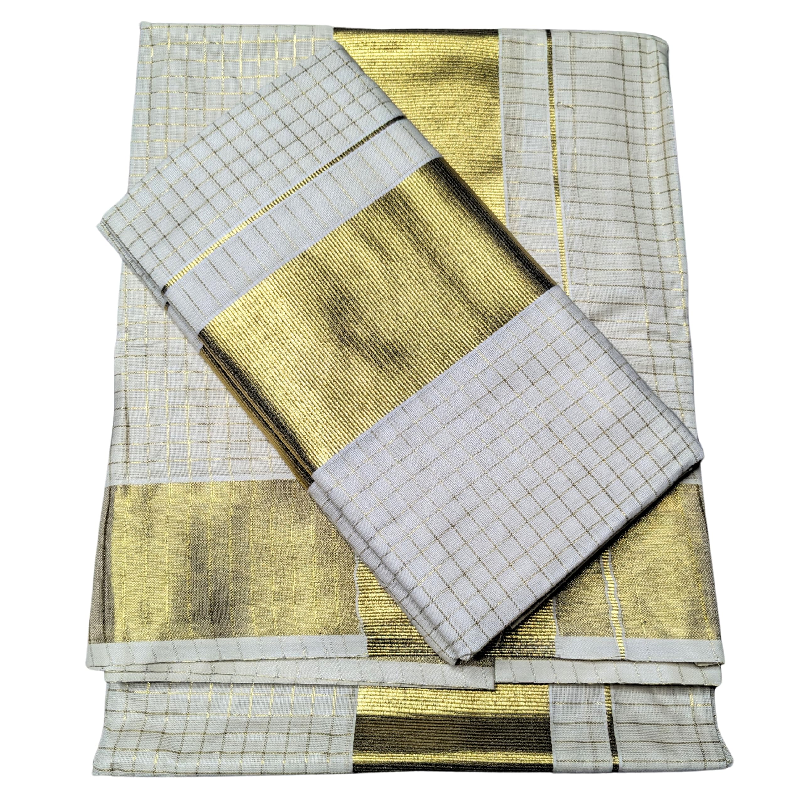 MAT Kuthampully Kerela Onam Wear Balaramapuram Jari Woven Tissue Micro Checked Cotton Kasavu Kattikara Set Mundu Saree For Women | 2.80 Meters Shawl | Quality Halffine Jari Woven-image-37
