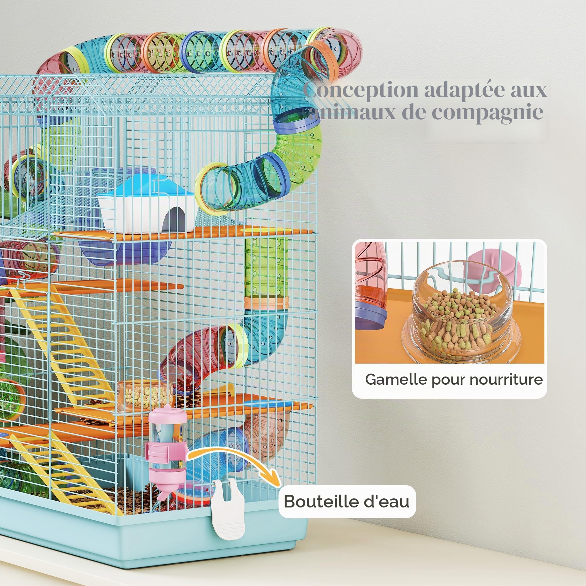 PawHut Cage Hamster 18.5", 5 niv., Maison pour Animaux, Rampe, Bleu-Clair | Système de tunnel, Roue d'exercice, Bouteille d'eau, Gamelle