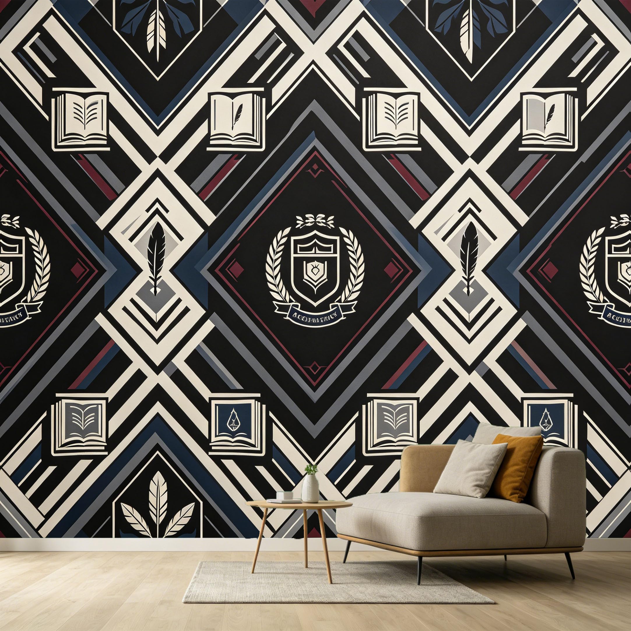 Custom Size Wall Murals Geometric Shield Book Feather Pattern Modern Contemporary SelfAdhesive Wall Fabric Removable Large Wallpaper Photo for Living Room