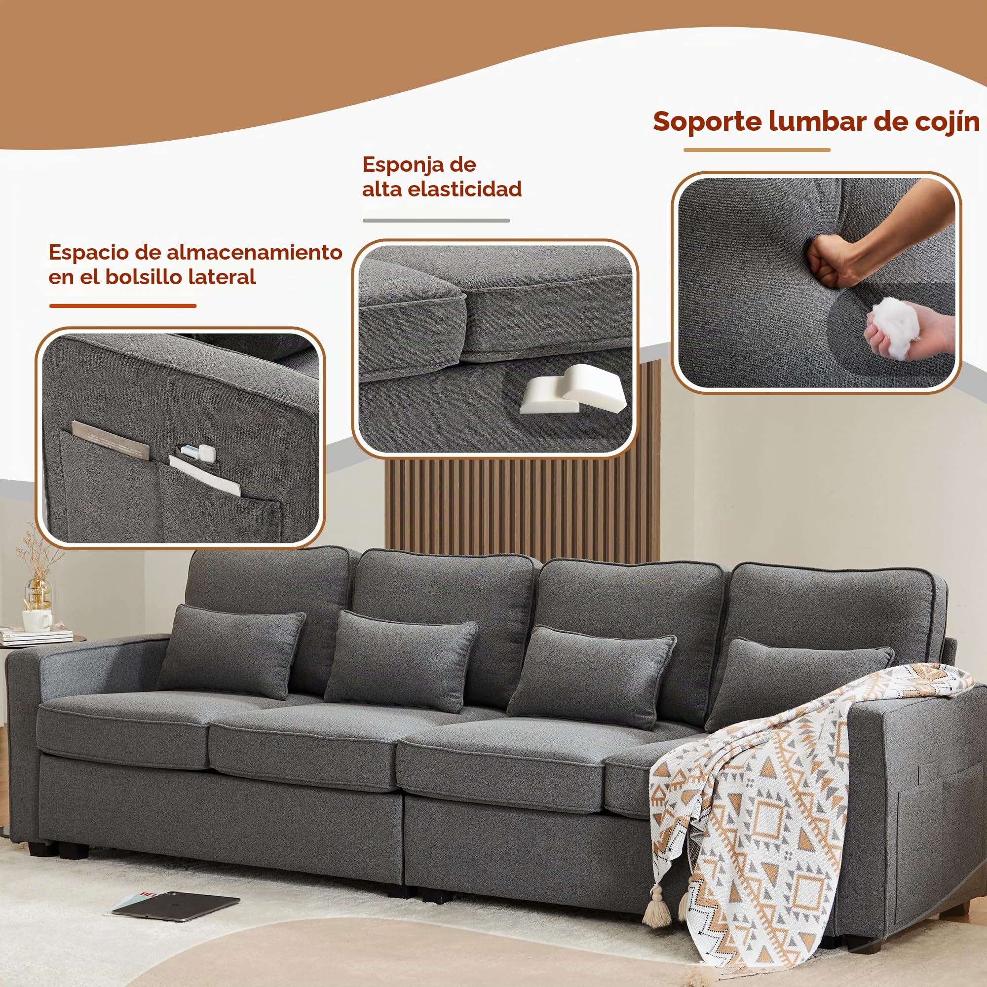 Lubvtti Sofá 4 Plazas Moderno de Tela de Lino con Bolsillos para Reposabrazos y 4 Cojines, Estilo Sencillo para Salón o Dormitorio, Gris Oscuro