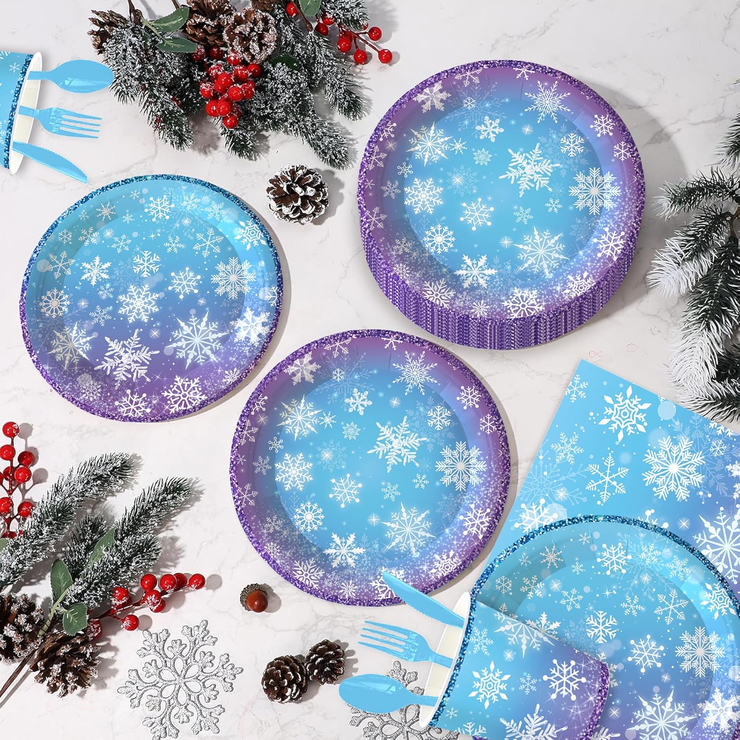 140Pcs Winter Party Decorations Snowflake Plates and Napkins Blue and Purple Snowflake Winter Party Supplies Tableware Set for Christmas Winter Birthday New Year Party Decorations, Serve 20 Guest - Image 7