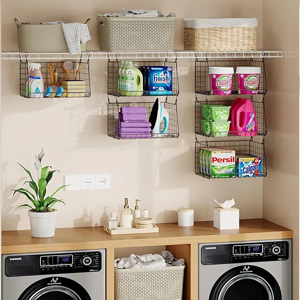 3-Pack Hanging Laundry Room Organizaton:Foldable Laundry Basket Wire Basket with 360°Rotating Hooks Small Space Organization Over Washer and Dryer Shelves - Hanging Closet Organizer, Black Patent