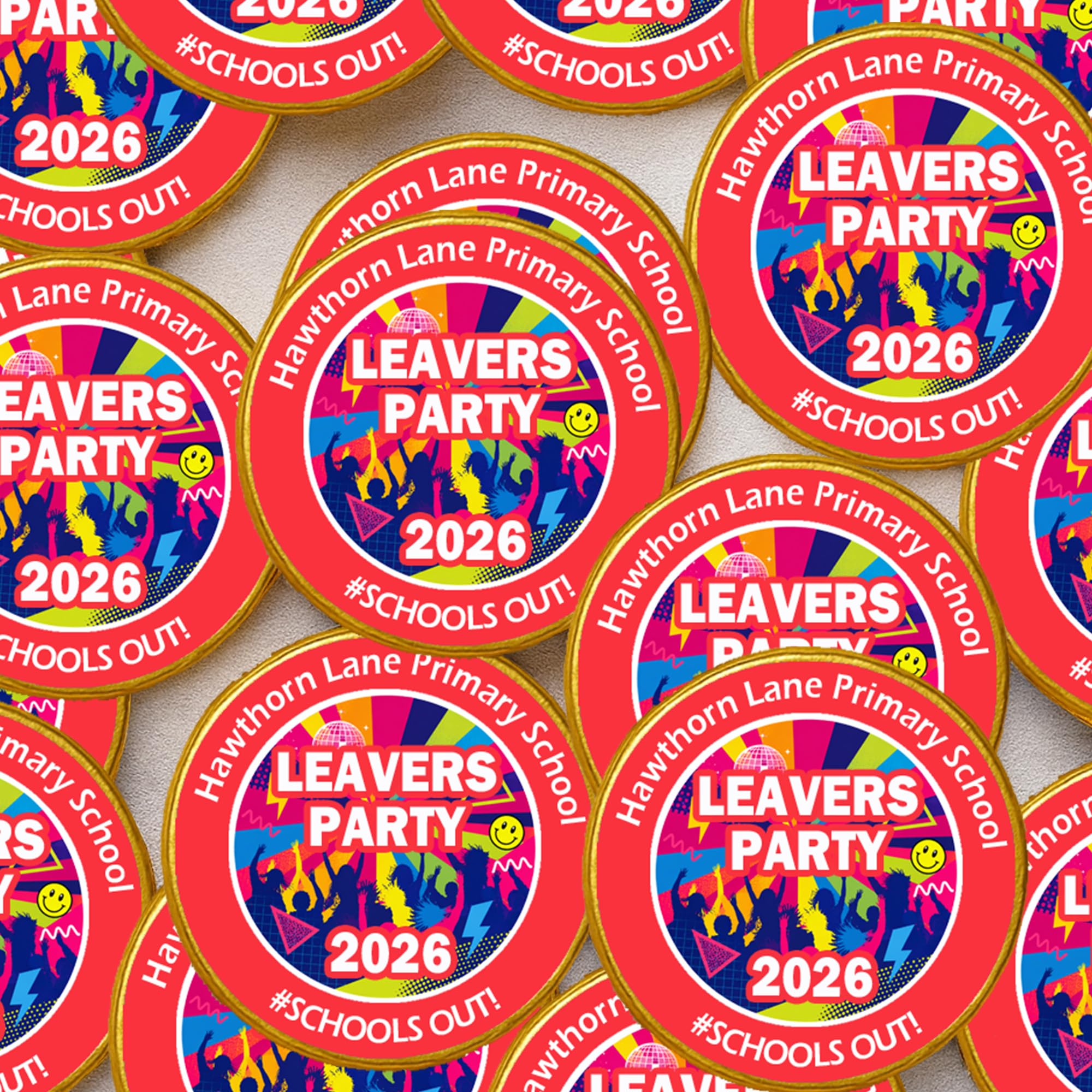 Personalised Class of 26 Leavers Party Stickers – Round Labels for Party Bags, Keepsakes, or Celebration Favours – Memorable Graduation Send-Off - 30 Coins - Red