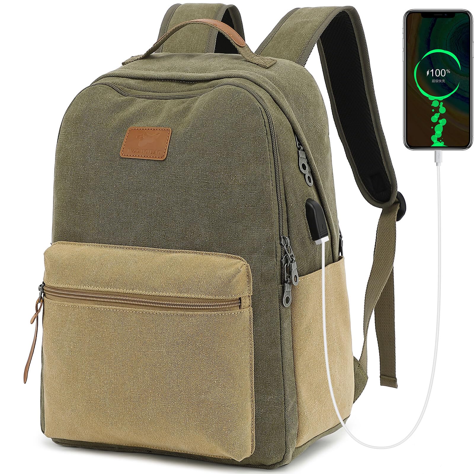 Waterproof Canvas Backpack, Laptop Backpack with USB Charging Port, Vintage Backpack for College Students, Casual Daypack for Men & Women, Travel Work