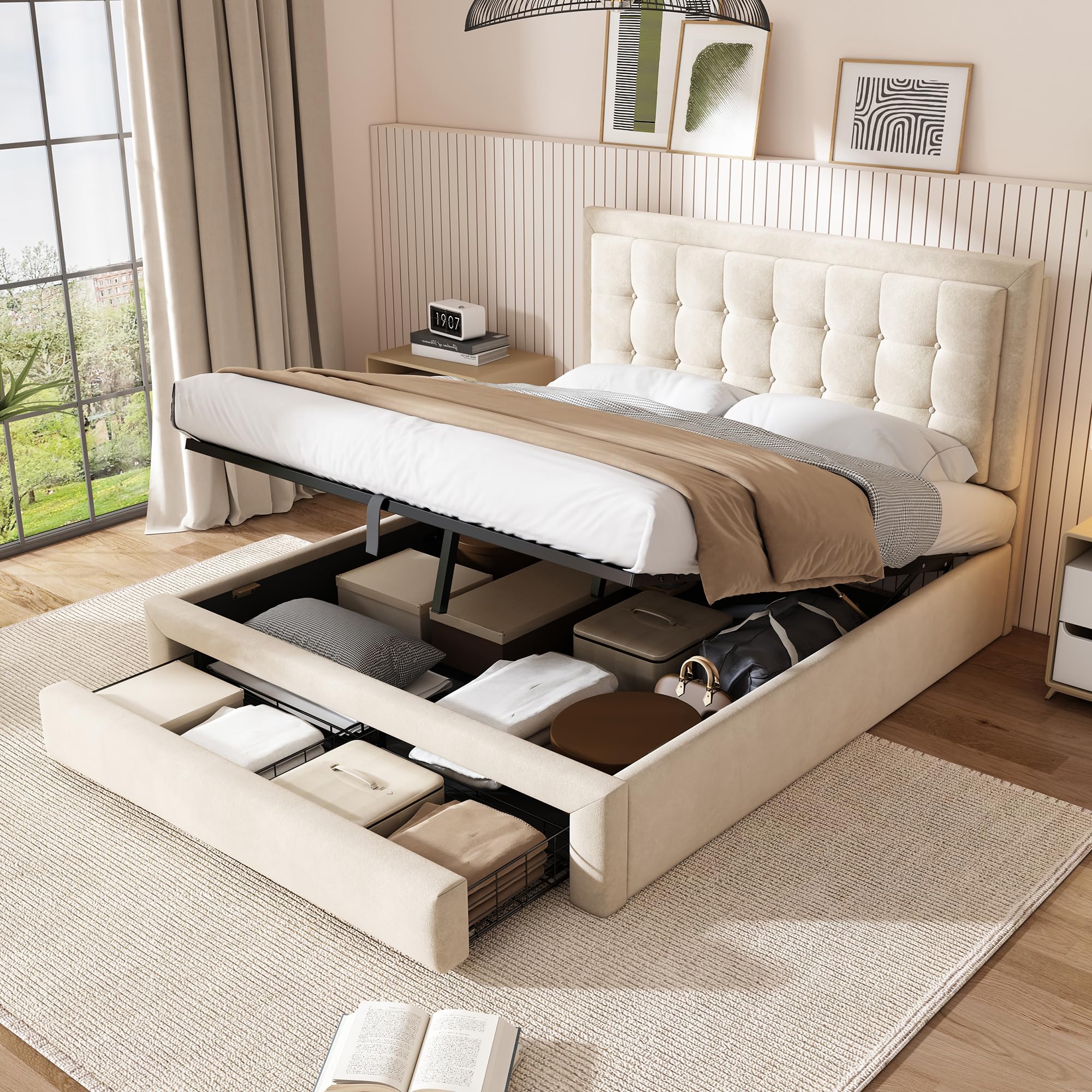 ModernLuxe Double Bed Frame, Fashion Upholstered Ottoman Bed, 4FT6 Double Bed Frame with Storage, Slats and Headboard, Hydraulic Bed with Drawers, No Mattress, Cream Velvet Fabric 135x190cm