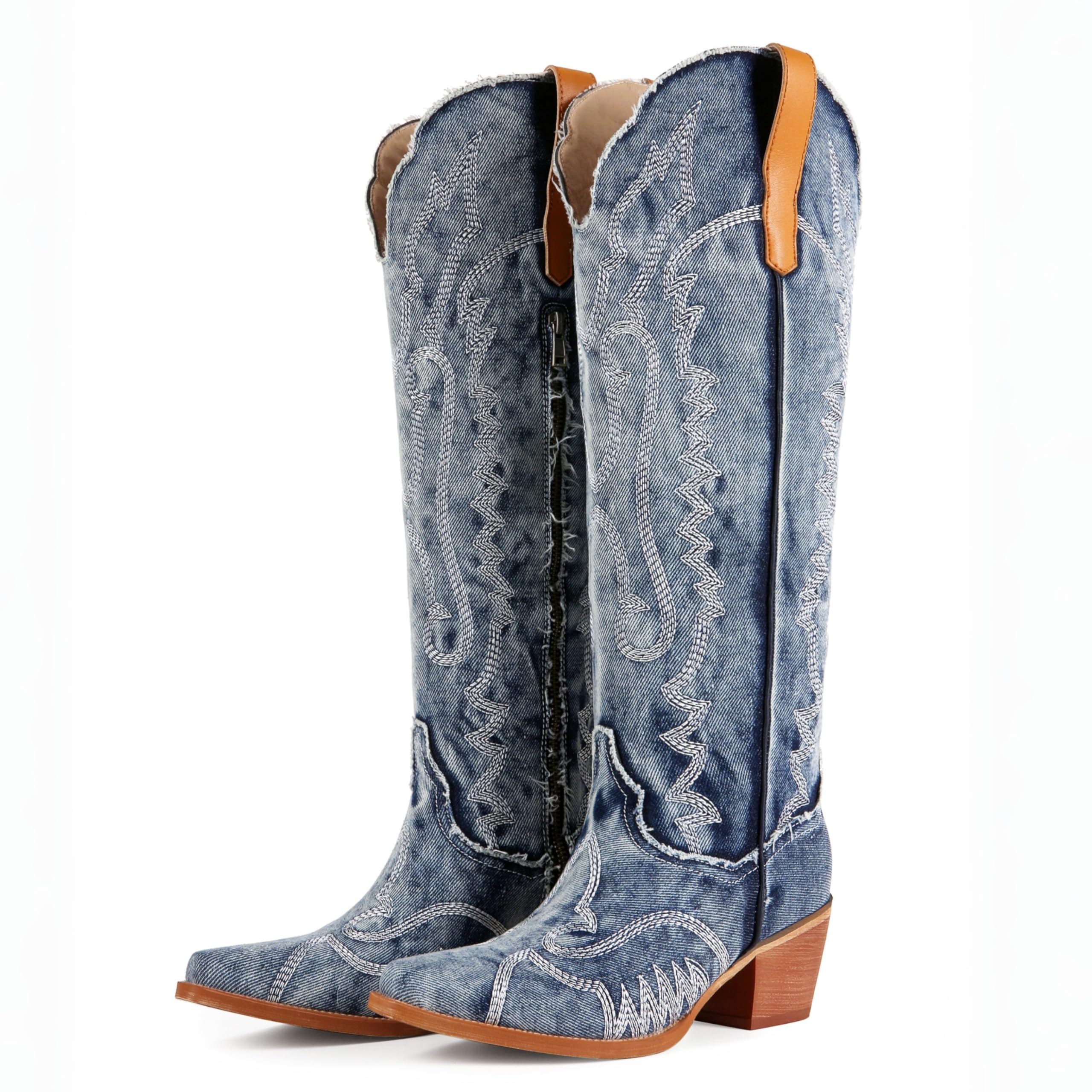 Womens Knee High Western Cowboy Boots Embroidered Wide Calf Chunky Low Heel Tall Boots with Side Zipper Fashion