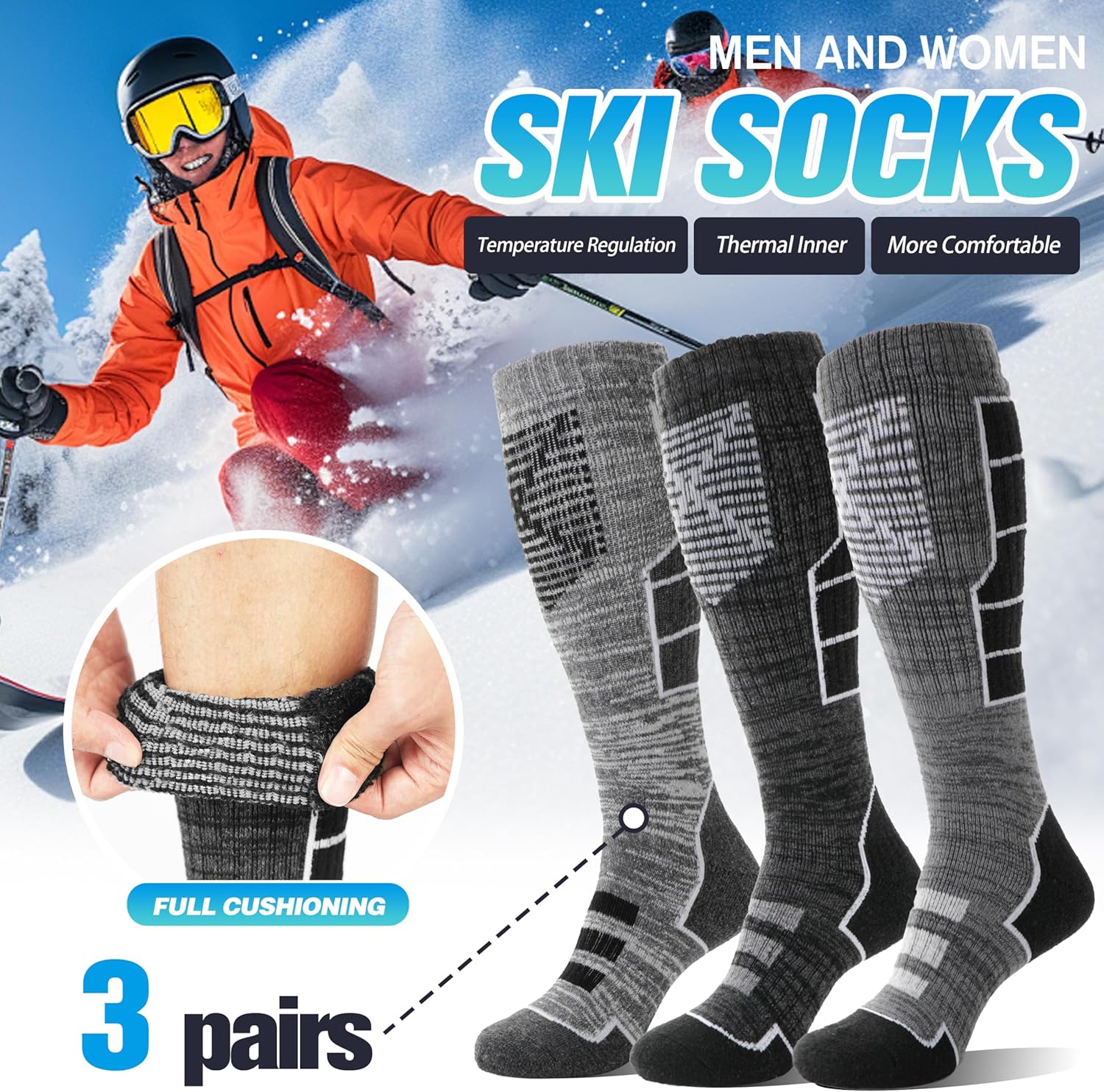 Anlisim 3 Pairs Unisex Merino Wool Ski Thermal Warm Thick Knee High Long Socks - Image 3