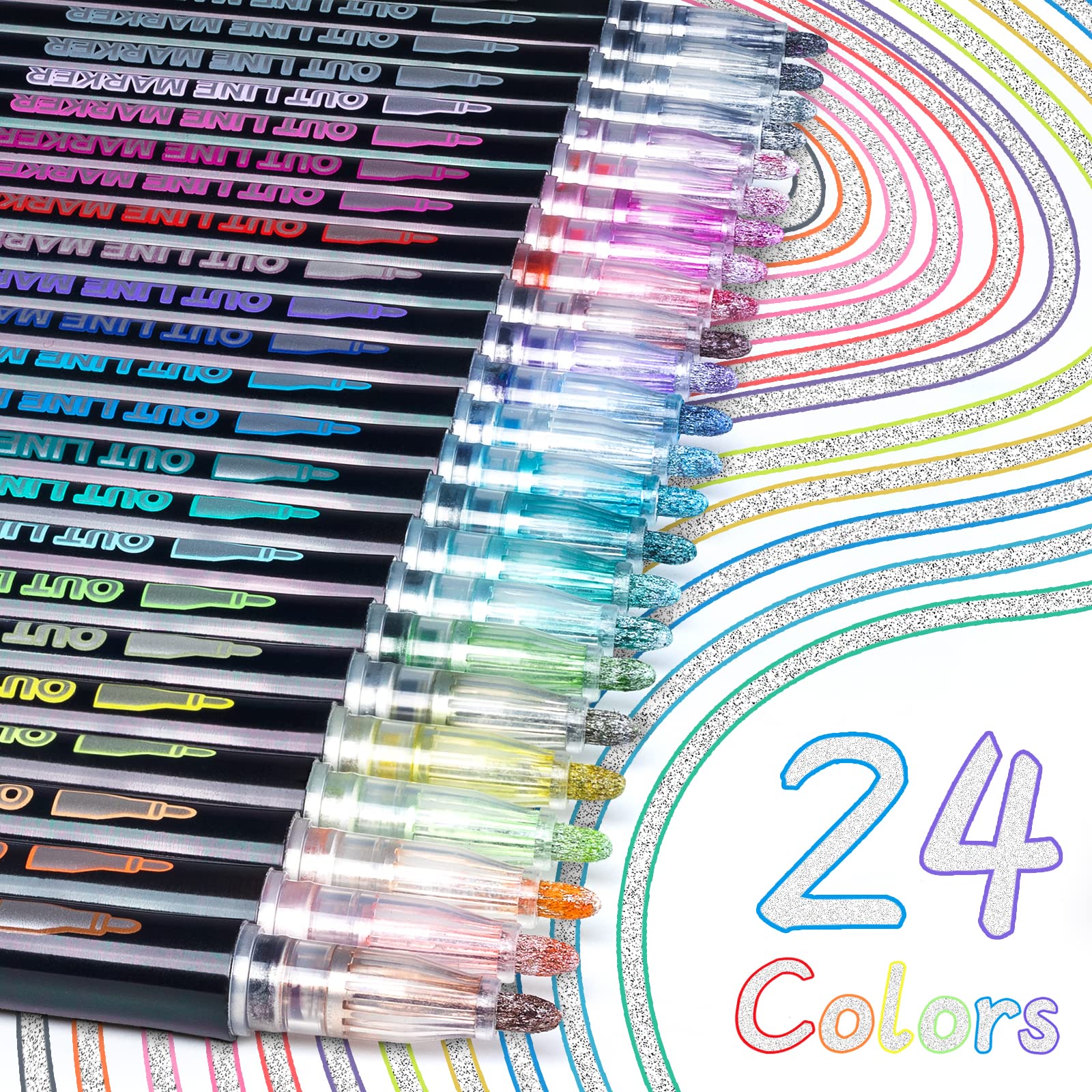 DAPAWIN Double Line Outline & Shimmer Markers, Super Squiggles Glitter for Christmas Greeting Cards, Scrapbook, Doodling - 24 Colors