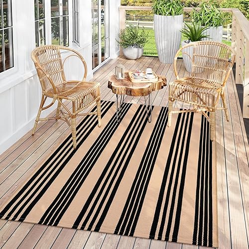 Vista 83 de Alfombra de exterior a rayas blancas y negras, 2 x 3 pies, de algodón, moderna, tejida a mano, reversible, para porche, puerta de bienvenida, 1 tira