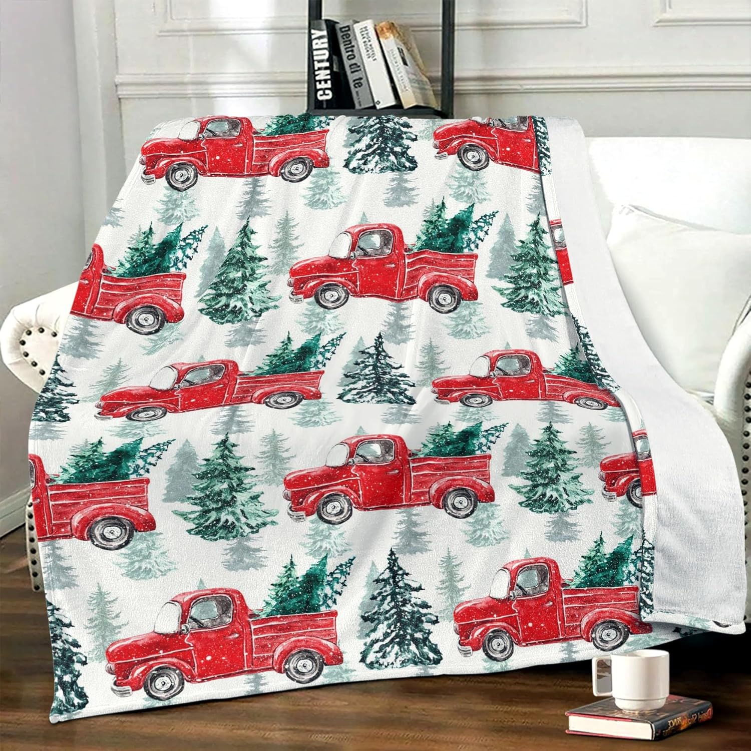 Christmas Throw Blanket Country Rustic Red Truck with Tree Design Blanket Soft Cozy Fuzzy Flannel Throw Blankets for Couch Bed Sofa Christmas Living Room Decor Blankets Gifts for All Season 50x60 Inch
