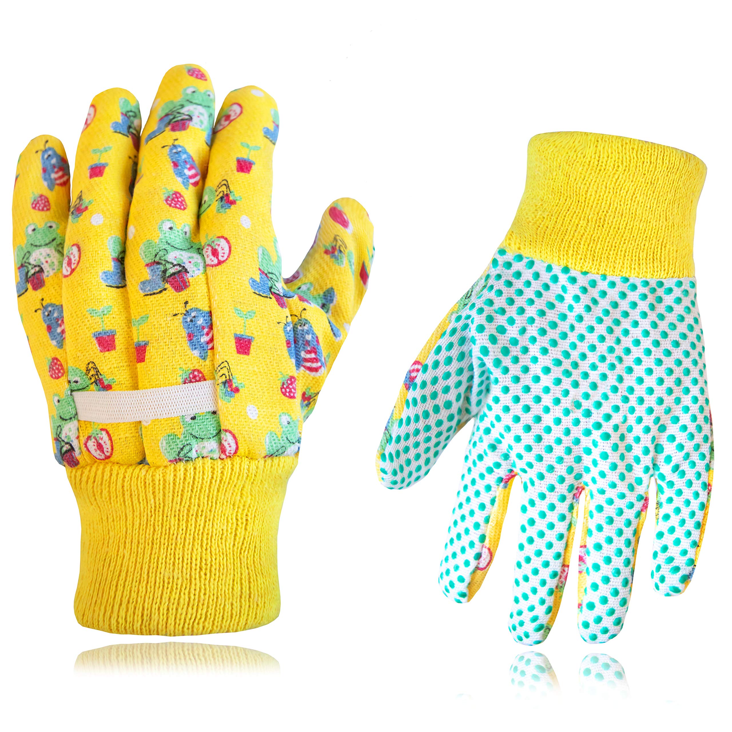 Kids Garden Gloves, 2 PAIRS, Cotton with Grip, Woven wristband - By Earth, Wind & Flowers.