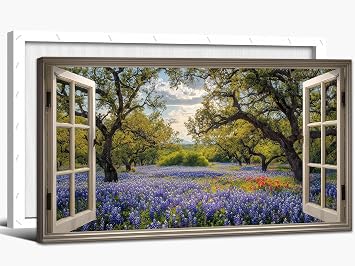 Hzddty Extra Large Bluebonnet Scenic Canvas Wall Art Open Fake Window Painting, Green Forest Poster Faux Window Pictures Walls Decor Serene Nature Landscape for Living Room 24x48in