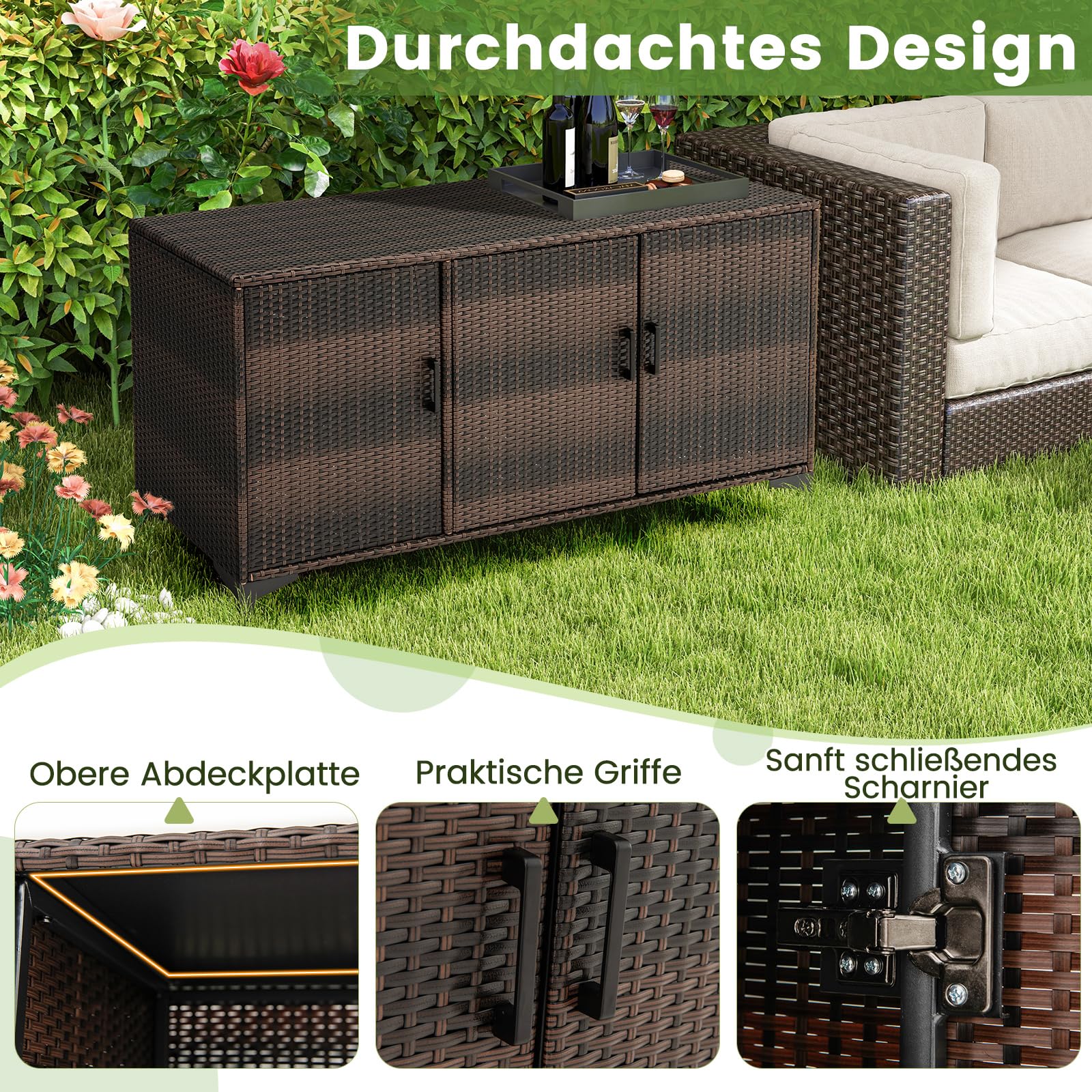 COSTWAY Gartenschrank Rattan, Terrassenschrank mit Türen & abnembaren Regalen, Balkonschrank, Outdoor Aufbewahrungsschrank für Garten, Terrasse, 135 x 50 x 70,5 cm (Braun)