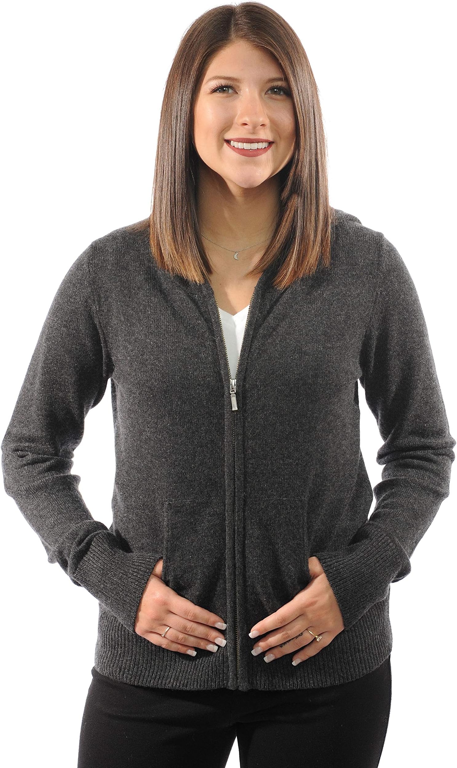 Women's Hoodie Sweater, 100% Cashmere, Zip Up with Front Pockets, Long Sleeve Cardigan