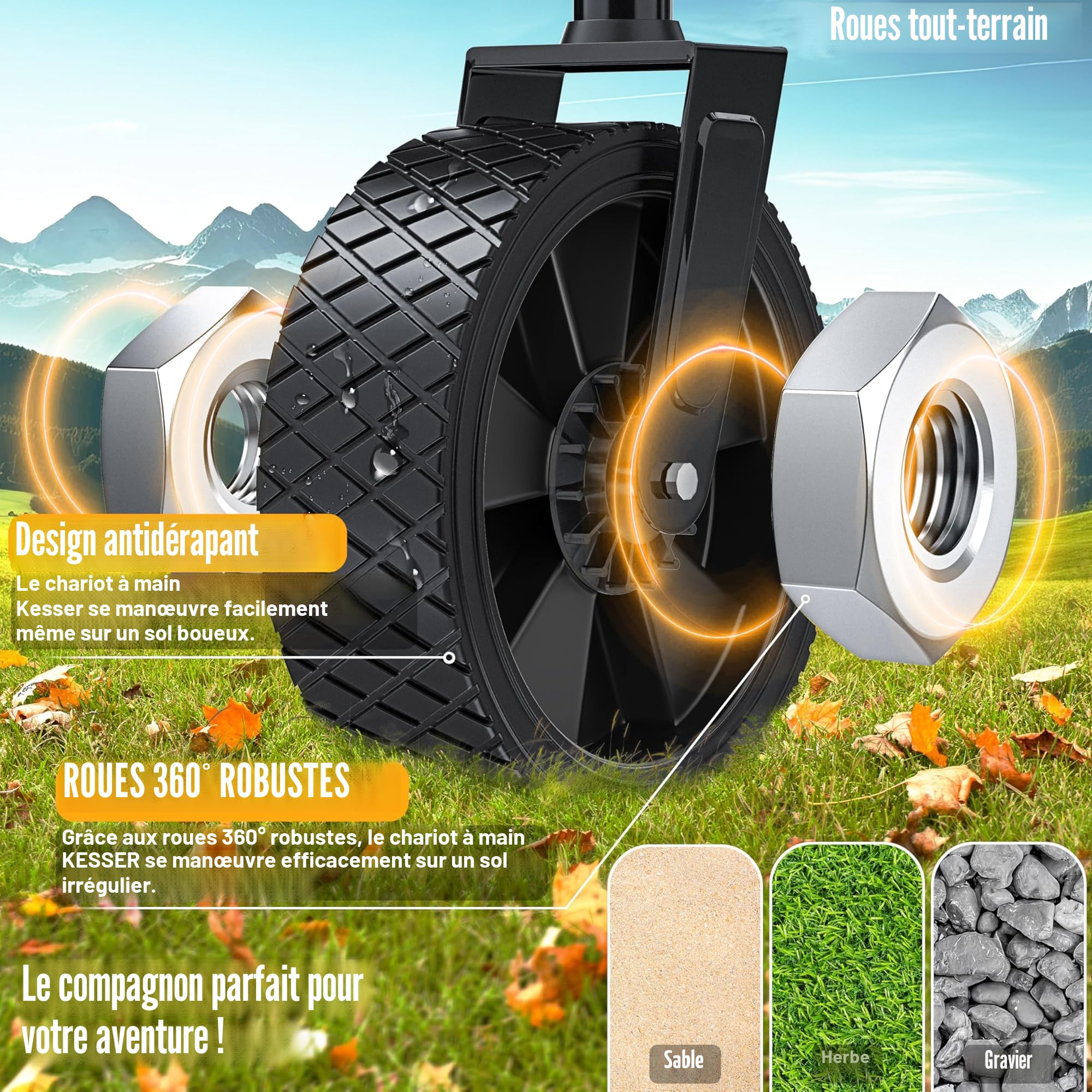 KESSER® - Chariot de transport pliable - Avec 2 poches en filet - Pliable - Pneus en caoutchouc plein - Charge maximale de 80 kg -Pour le jardin - Sans toit - Bleu/Noir