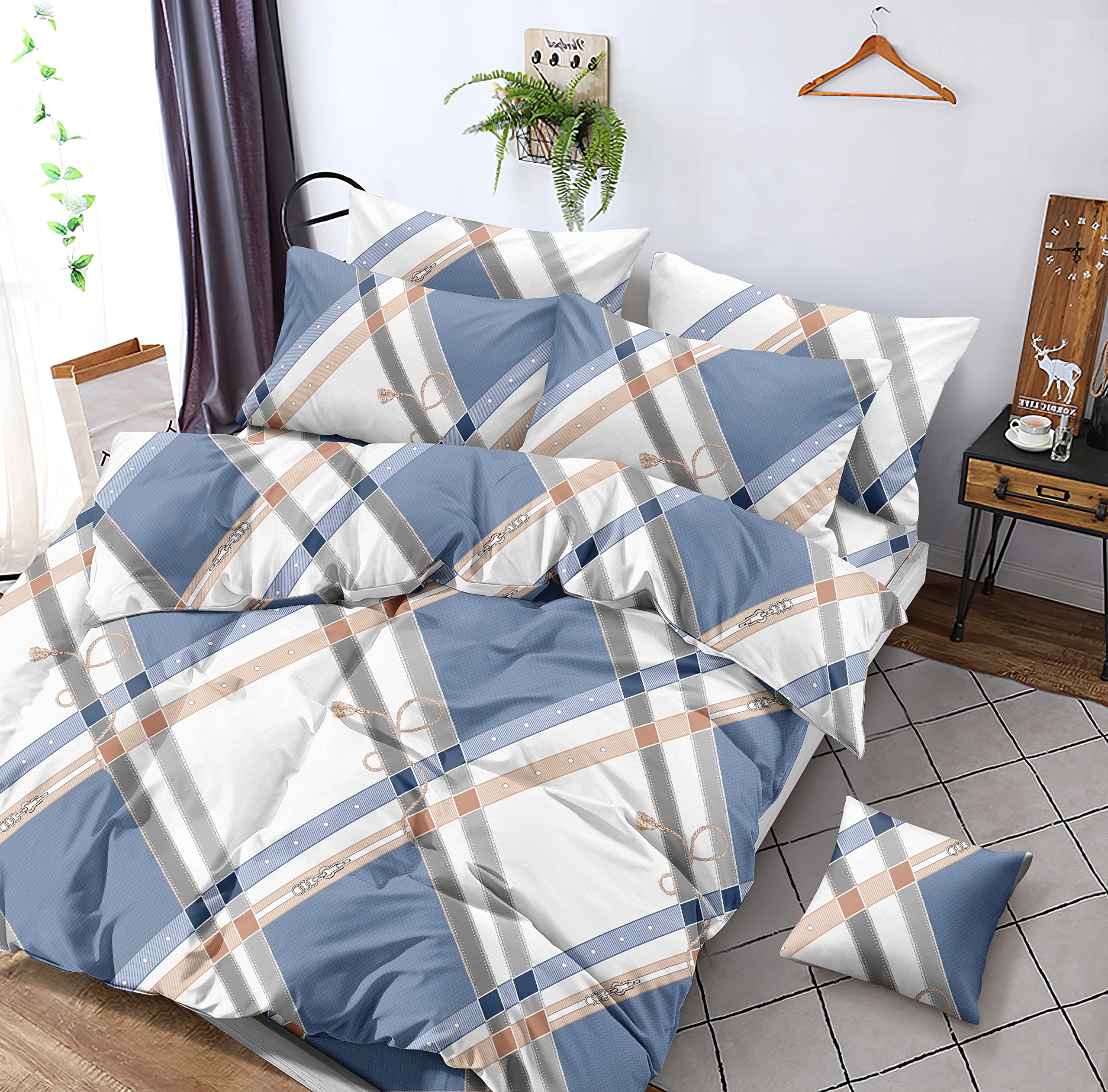 H HANSEL HOME Funda Nordica Cama 90 de 3 Piezas Transpirable Suave al Tacto 100% Microfibra de Poliéster, Funda Edredón 150x220cm, Bajera 90x200cm con 1 Funda de Almohada 45x110cm-Cudrado Azul Blanco