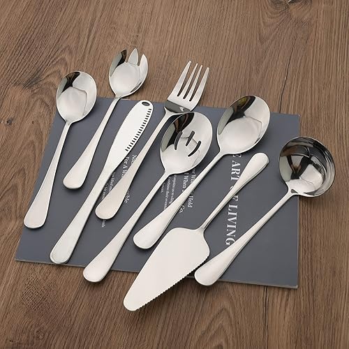 Miniatura 2 de Juego de cubiertos de acero inoxidable para servir de 8 piezas, incluye servidor de pasteles, cuchara ranurada, cuchara para servir y