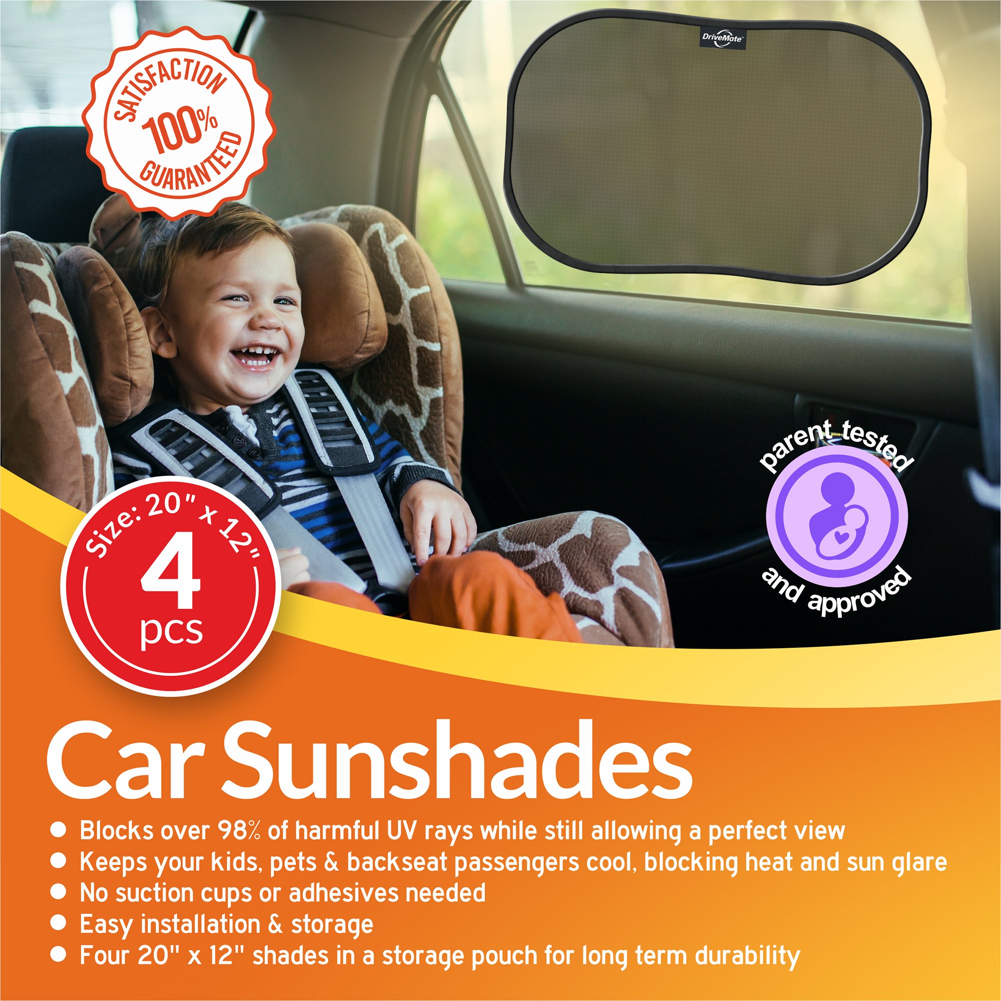 Car Window Shades - Car Seat Sun Glare UV Rays Protection - Baby Safe Sunshades - Keep Kids & Pets Cooler, 20" x 12” (4 Pack)
