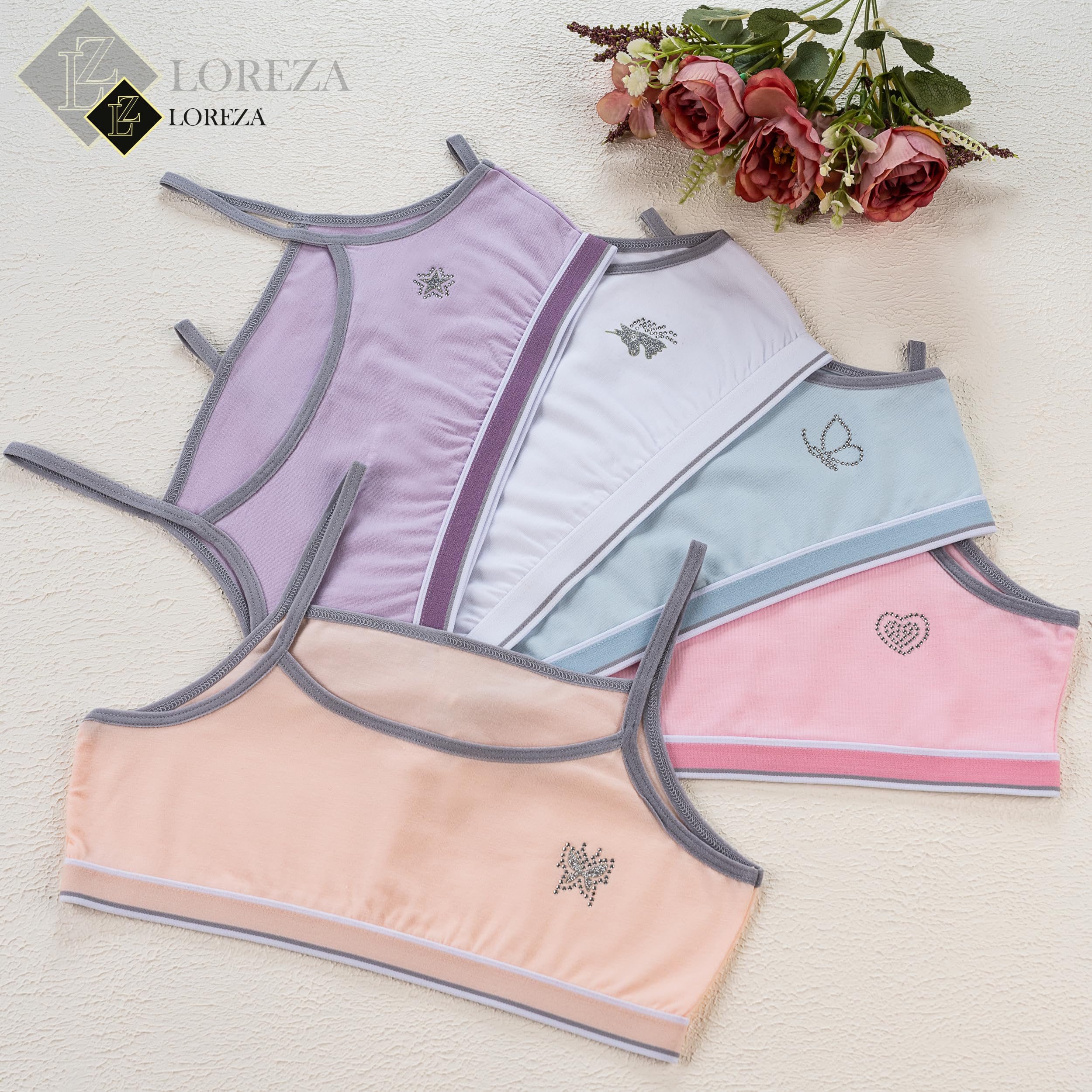 LOREZA ® 5 Filles Bustier en Coton X Dos avec Strass Bretelles Spaghetti Soutien-Gorge de Sport