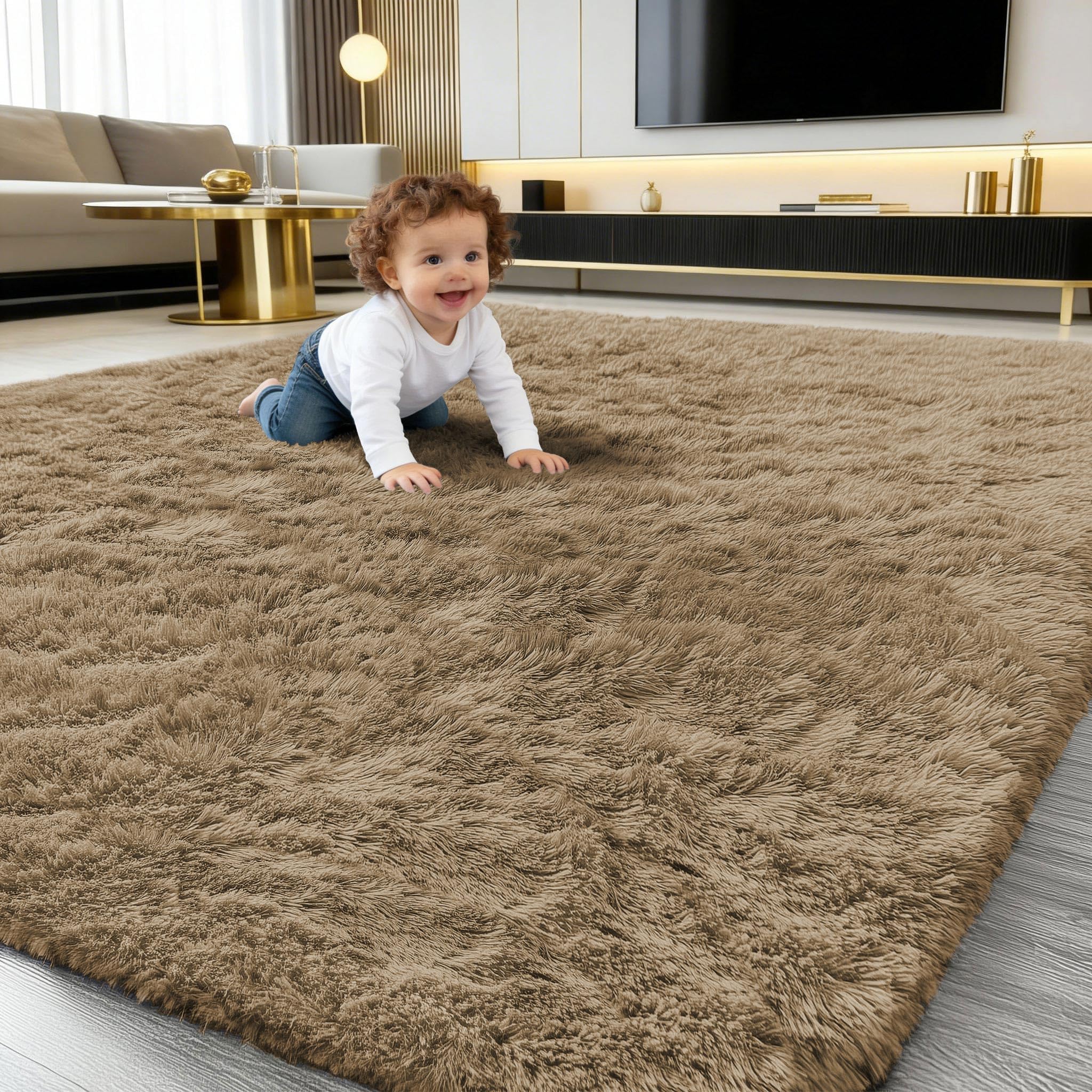 smiry Fluffy High Pile Rugs Living Room, Anti Slip Shaggy Soft Carpet, Machine Washable Modern Large Thick Area Rugs for Bedside, Kids Bedroom - Light Brown, 120 x 160 cm