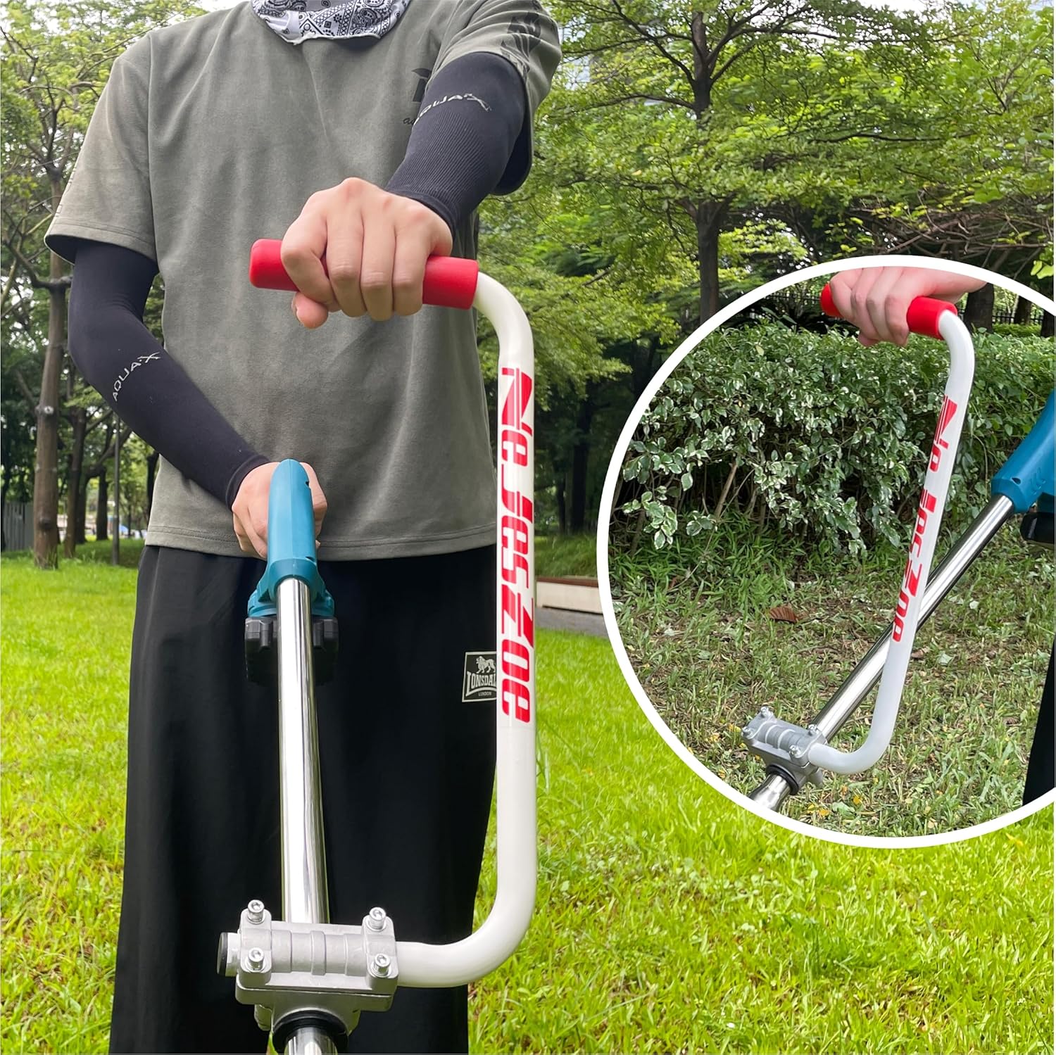NeJesZoe Ergonomic Trimmer Grip Extension Handle with Bracket Clamp for String Trimmer, Lawn Care, Landscaping (White Red)