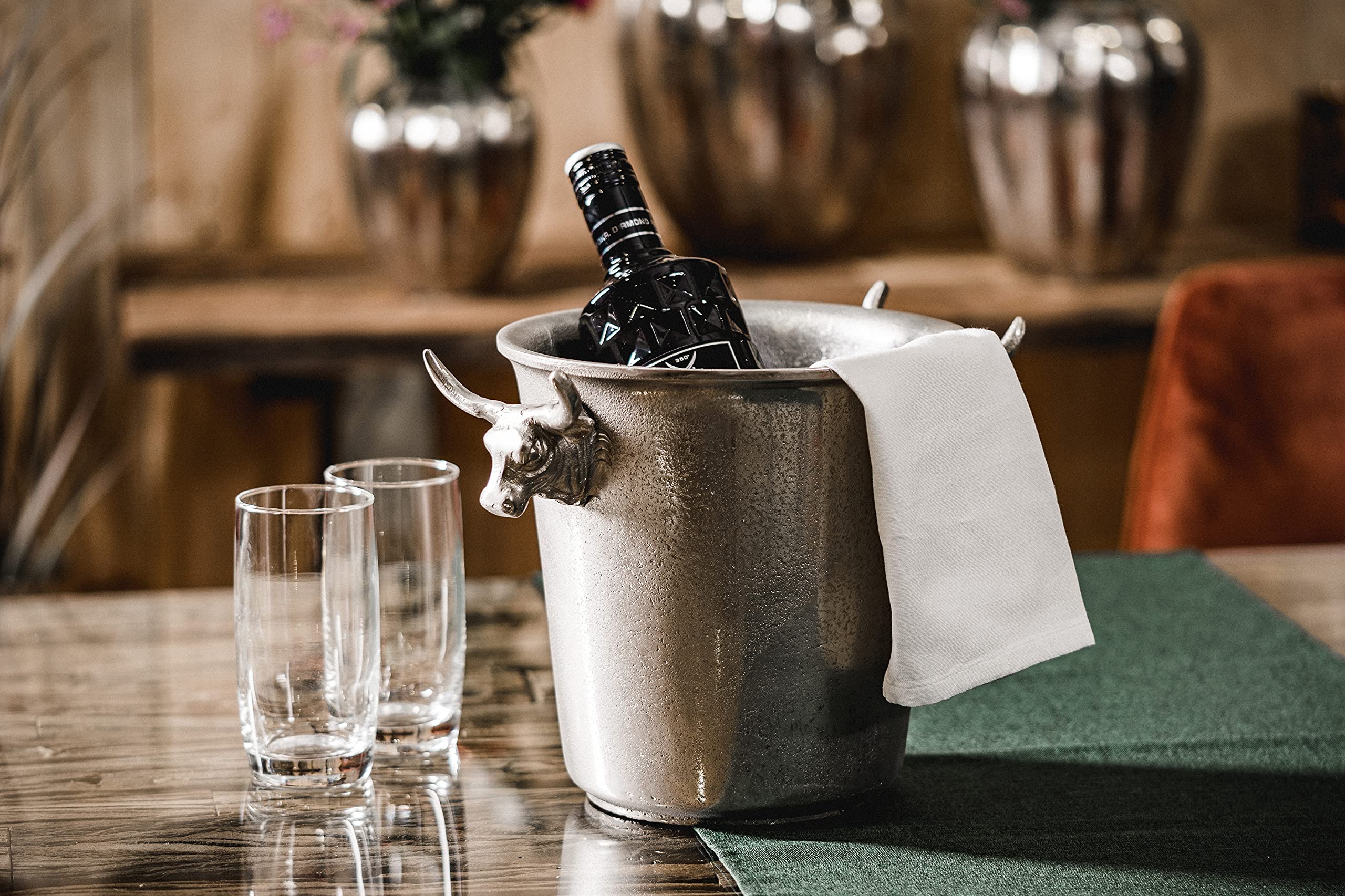 Champagnerkühler Stierkopf, Weinkühler, Flaschenkühler, Sektkühler, Getränkekühler, Aluminium Silber - Kühler für Sekt, Wein und Champagner - 30 cm