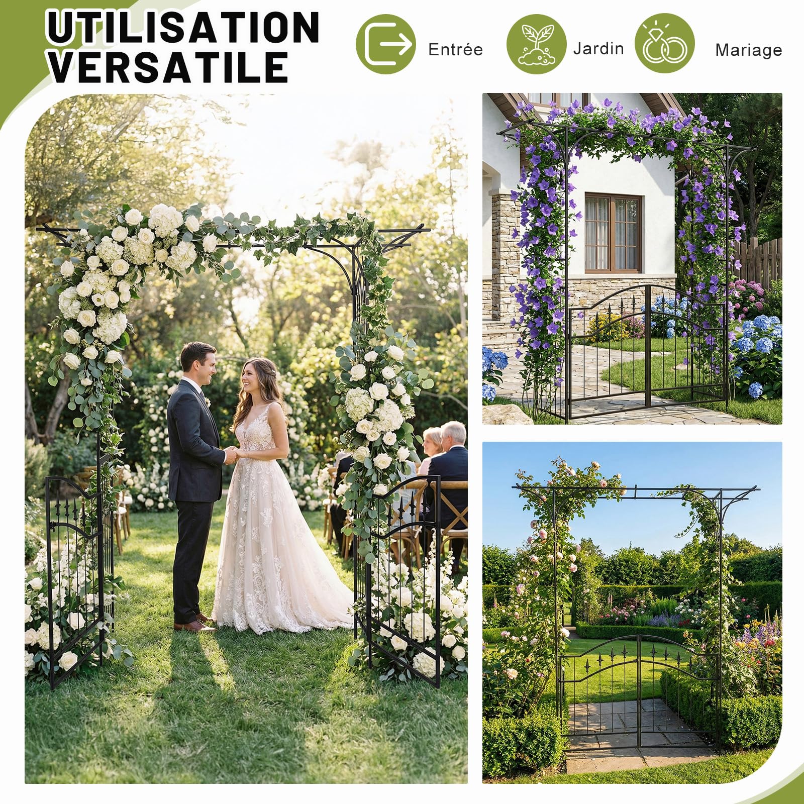 Arche de Jardin 208x179x51cm - Arche de rosiers adaptée aux Plantes grimpantes, Toit Plat Unique avec Porte intégrée, idéal pour la décoration extérieure