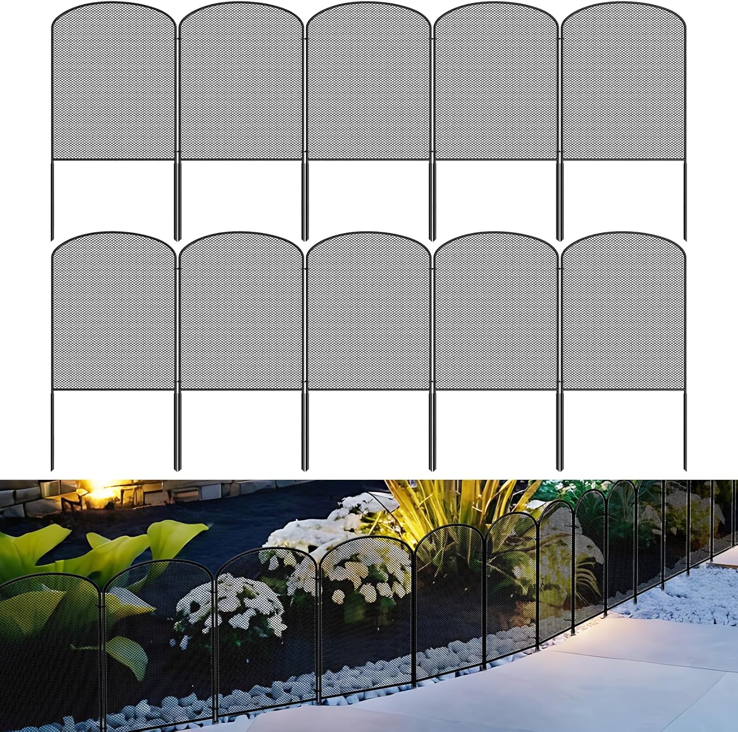 10 Pack Ultra-Fine Mesh Garden Fence Panels- 24in(H) x 10ft(L) Dense Grid Rustproof Metal Barrier for Rabbits, Pets & Gardens | Decorative Outdoor Animal Fencing for Landscaping and Yard, Black Arched