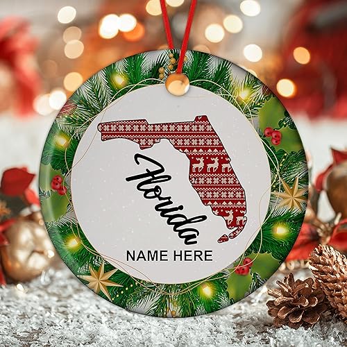 Prezzy Adorno personalizado de Florida, mapa estatal, regalo de recuerdo para hombres y mujeres, decoración colgante para árbol de Navidad, recuerdo