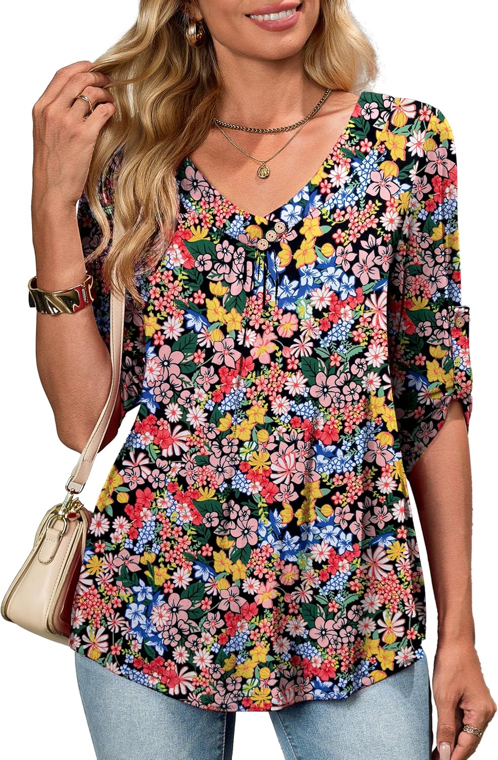 OIDUICOULD Women's Plus Size 3/4 Roll Sleeve Tops V Neck Casual Soft Blouse M-4X