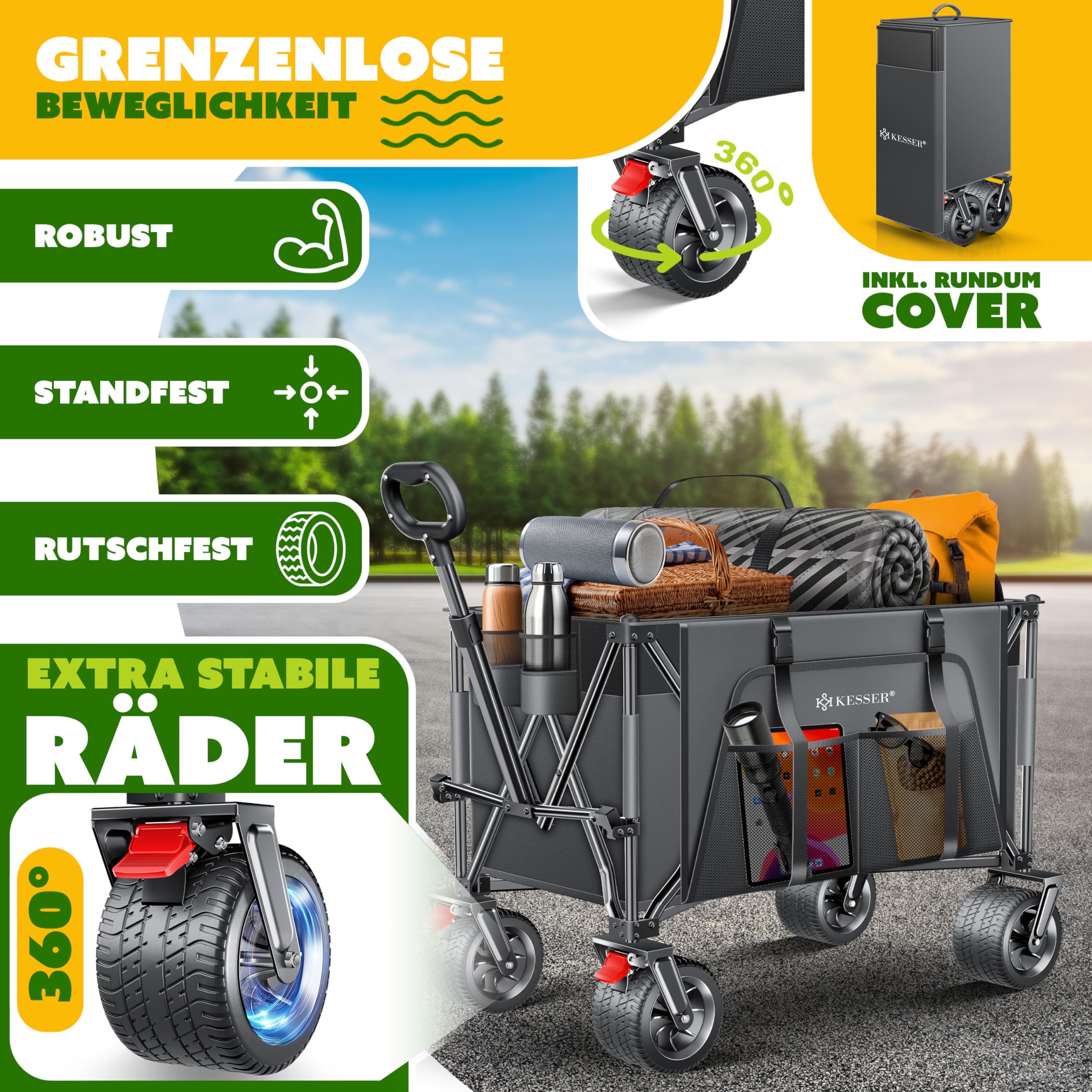KESSER® Bollerwagen GTR9000 Handwagen 200Kg | 300L Stauraum Transportwagen faltbar extra breite 360° Räder & Feststell-Bremsen Wetterbeständig Strandwagen inkl Abdeckung Seitentasche & Getränkehalter