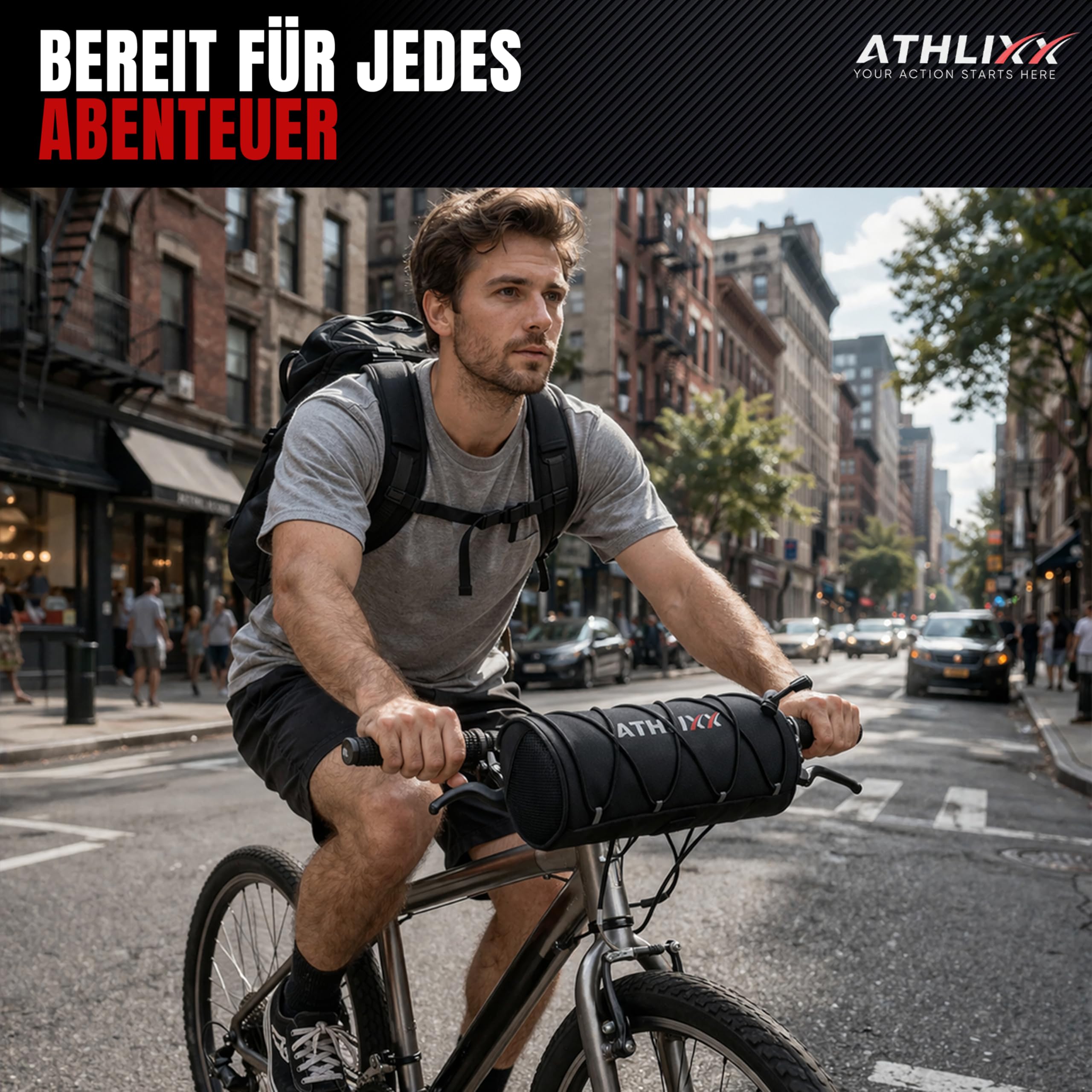 Fahrradtasche 2,4L – wasserdichte Lenkertasche/Rahmentasche – 240×100 mm – 3 Straps, Handstrap & Schultergurt – für Rennrad, MTB, Gravel, E-Bike – Schwarz