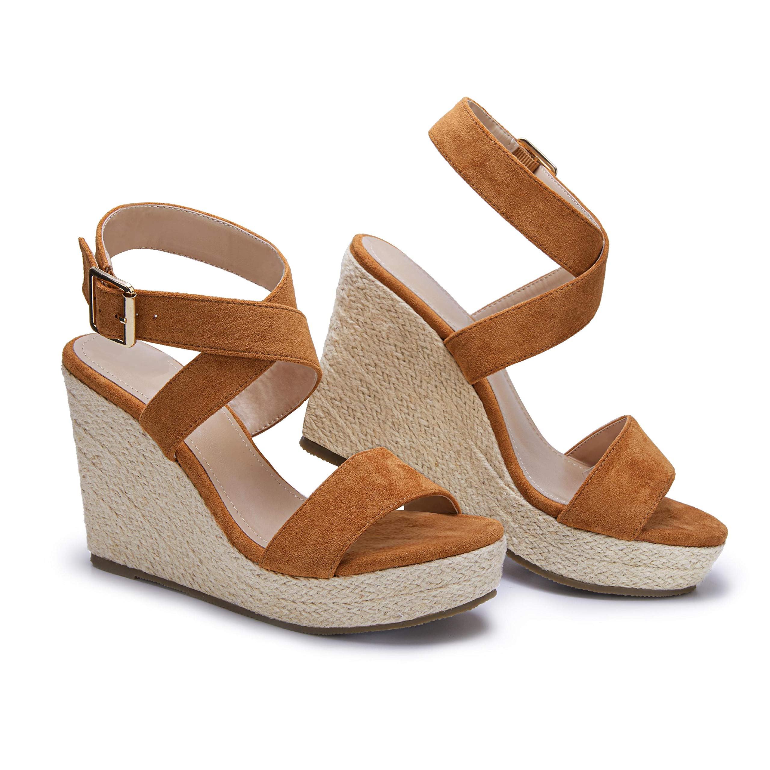 Coutgo Women's Wedge Sandals Cross Strap Espadrille Platform Ankle Buckle Summer Casual Shoes 6.5