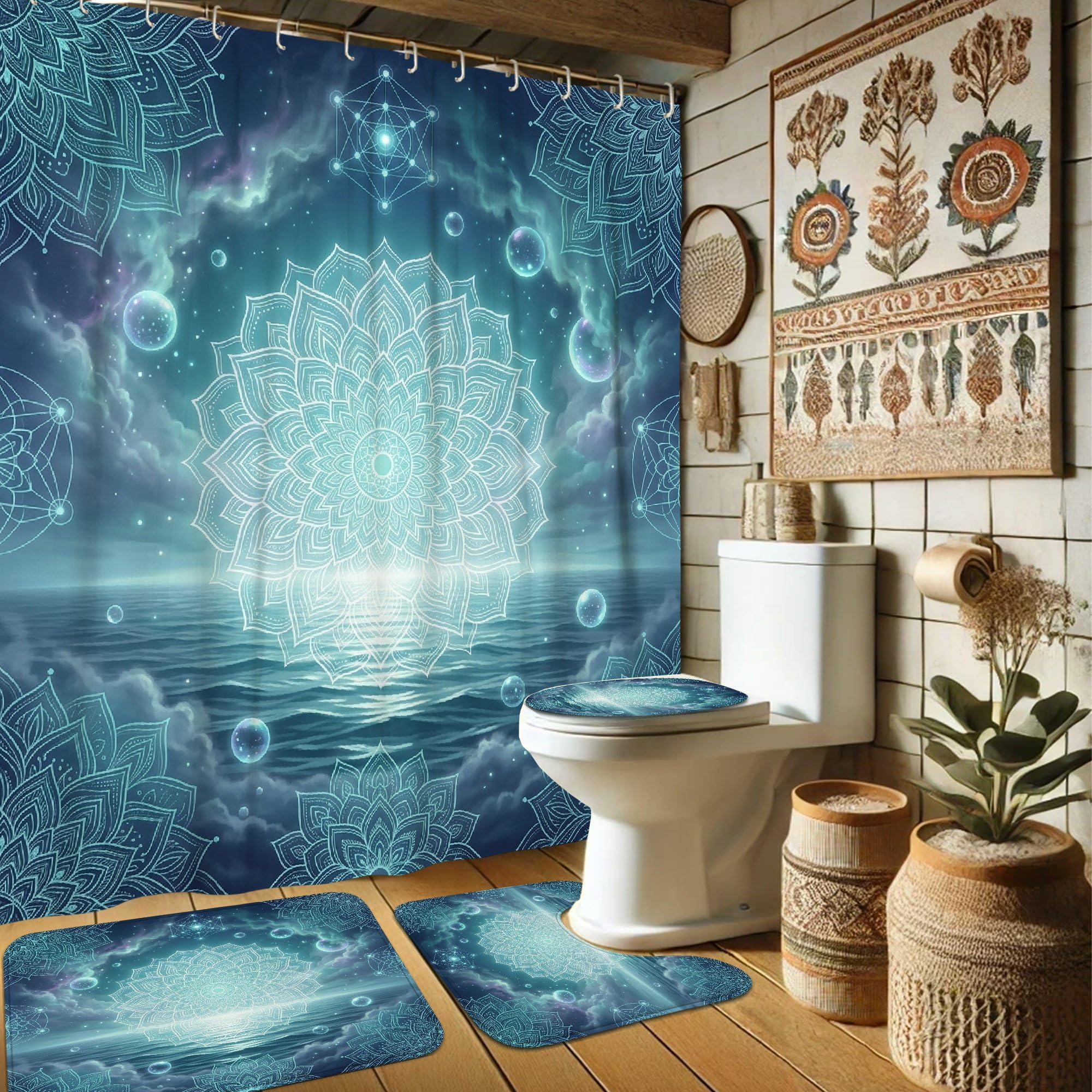 Rideau de douche mandala anti-moisissure tissu imperméable et tapis