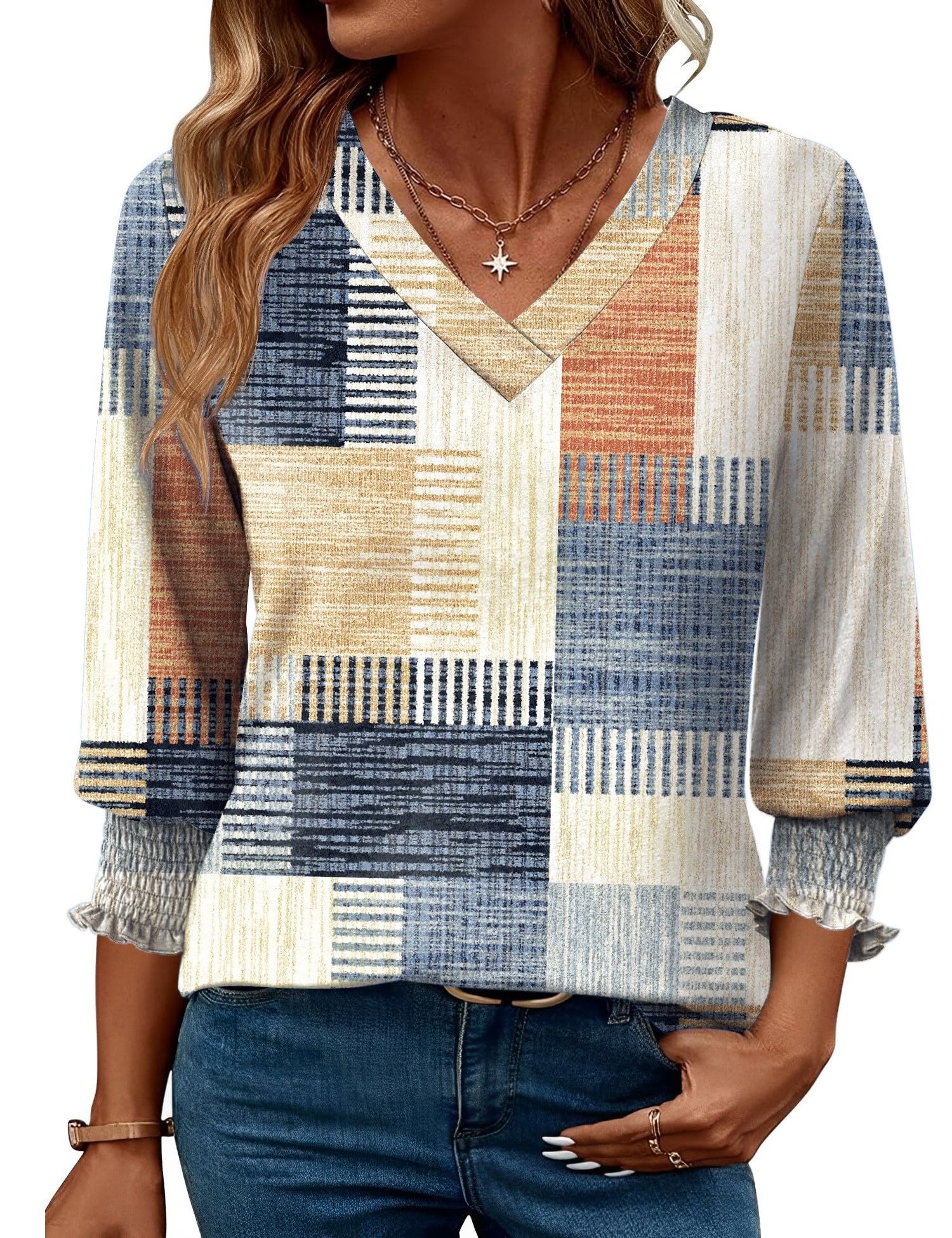 Rapbin 3/4 Length Sleeve Womens Tops Summer Trendy Puff-Sleeve V-Neck Blouses Dressy Casual Textured Smocked T-Shirt